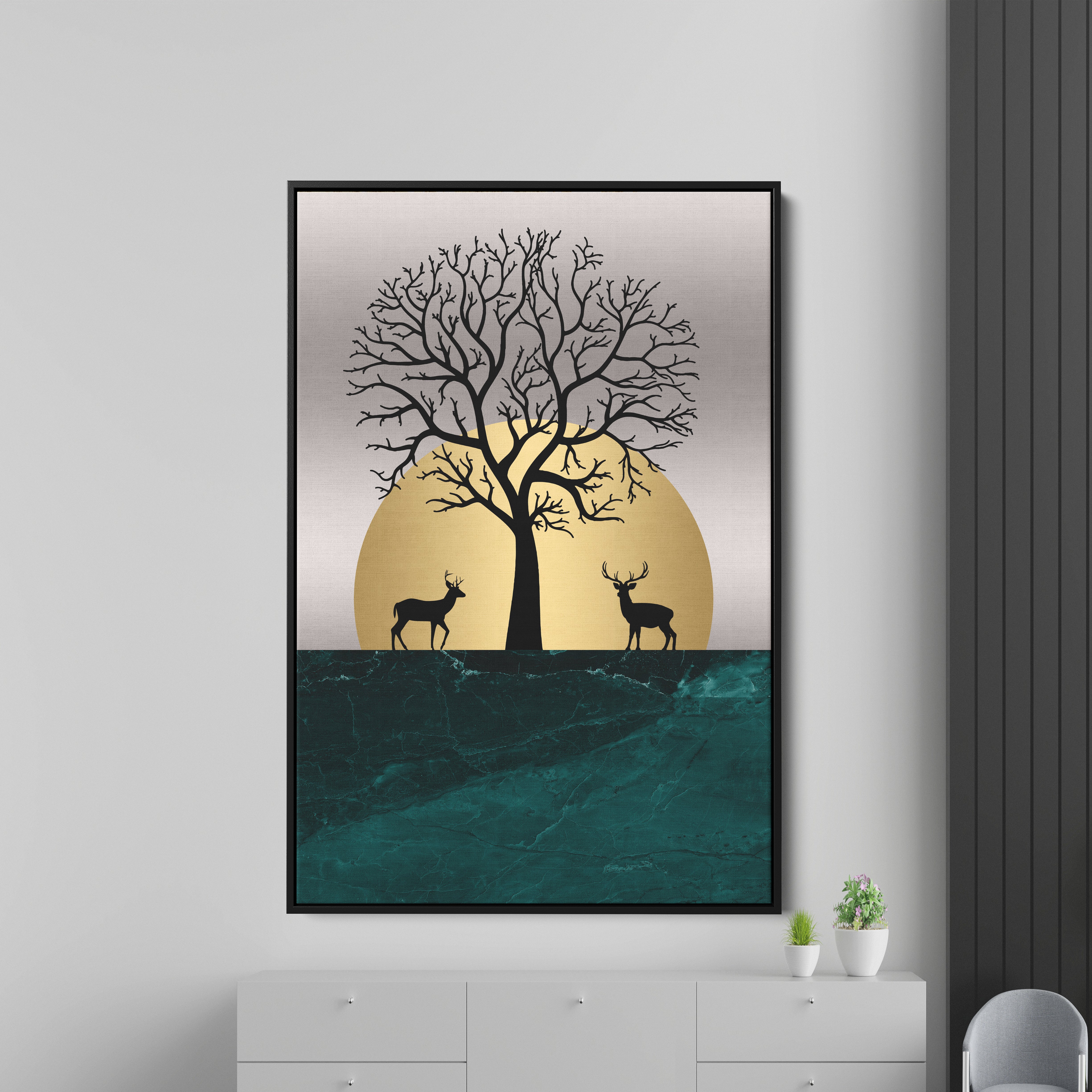 Golden Black Trees Dark Marble Sun And Deers Canvas Wall Painting