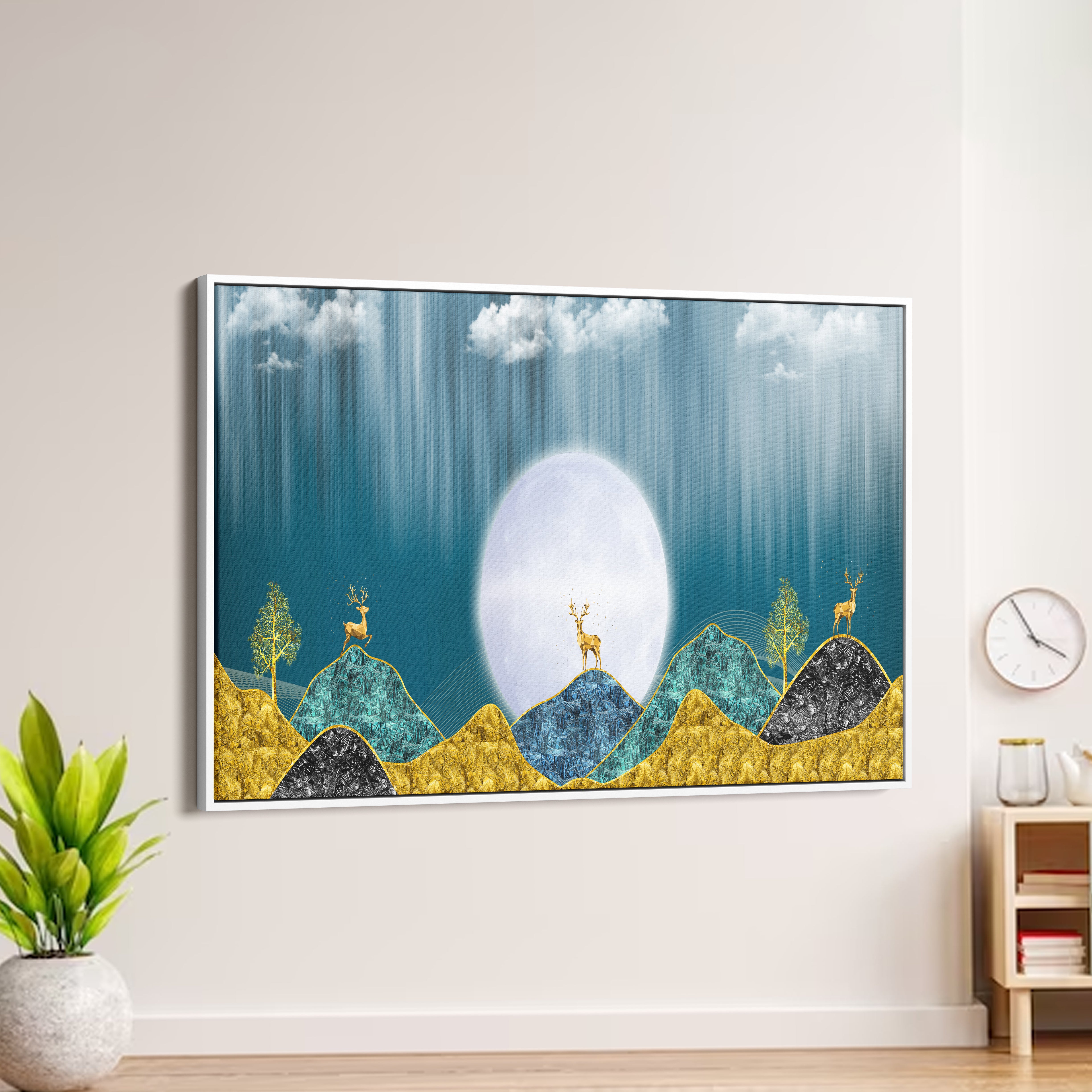 Beautiful Golden Mountains and Deer with Moon Premium Canvas Wall Painting
