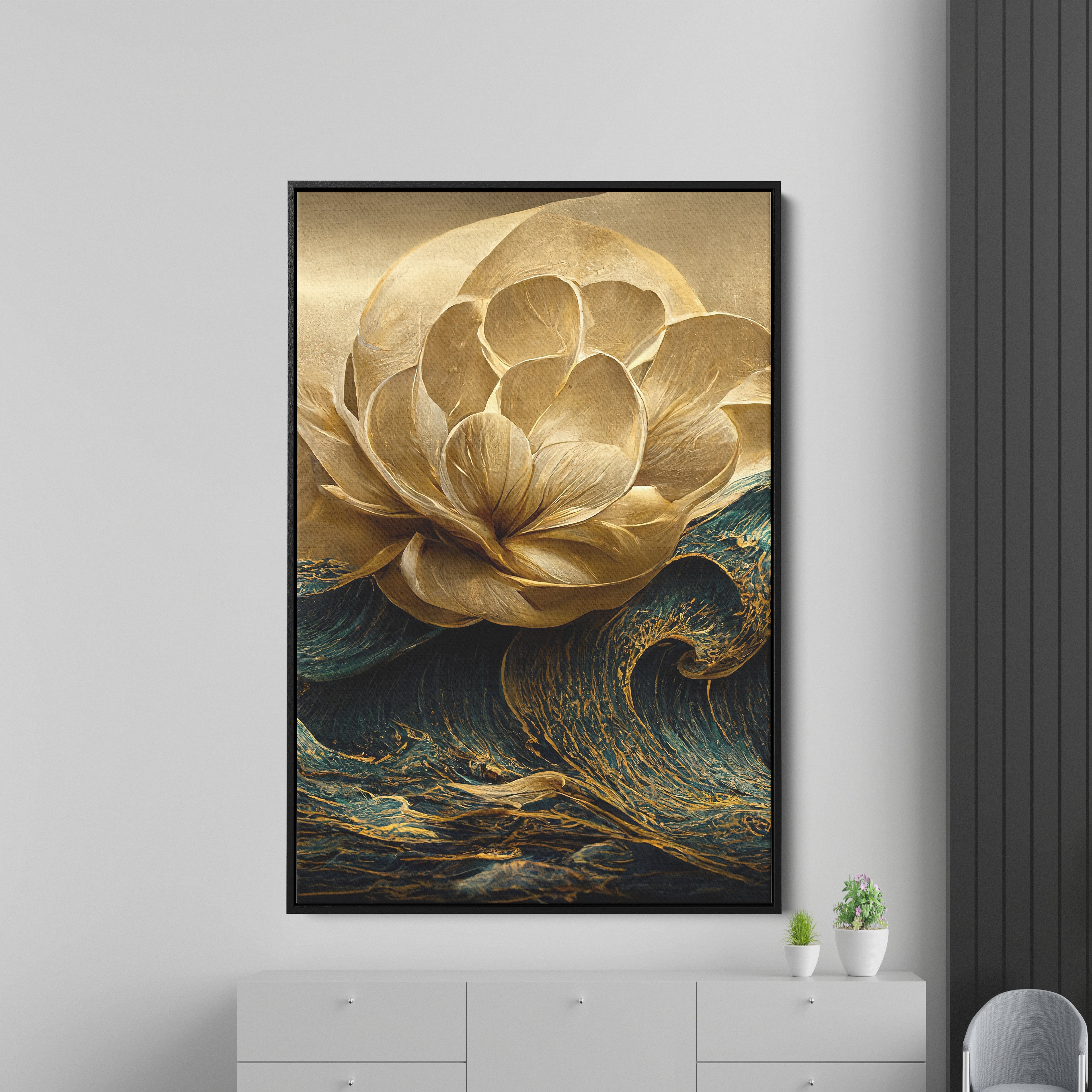 Modern Golden Flower and Waves Premium Wall Painting