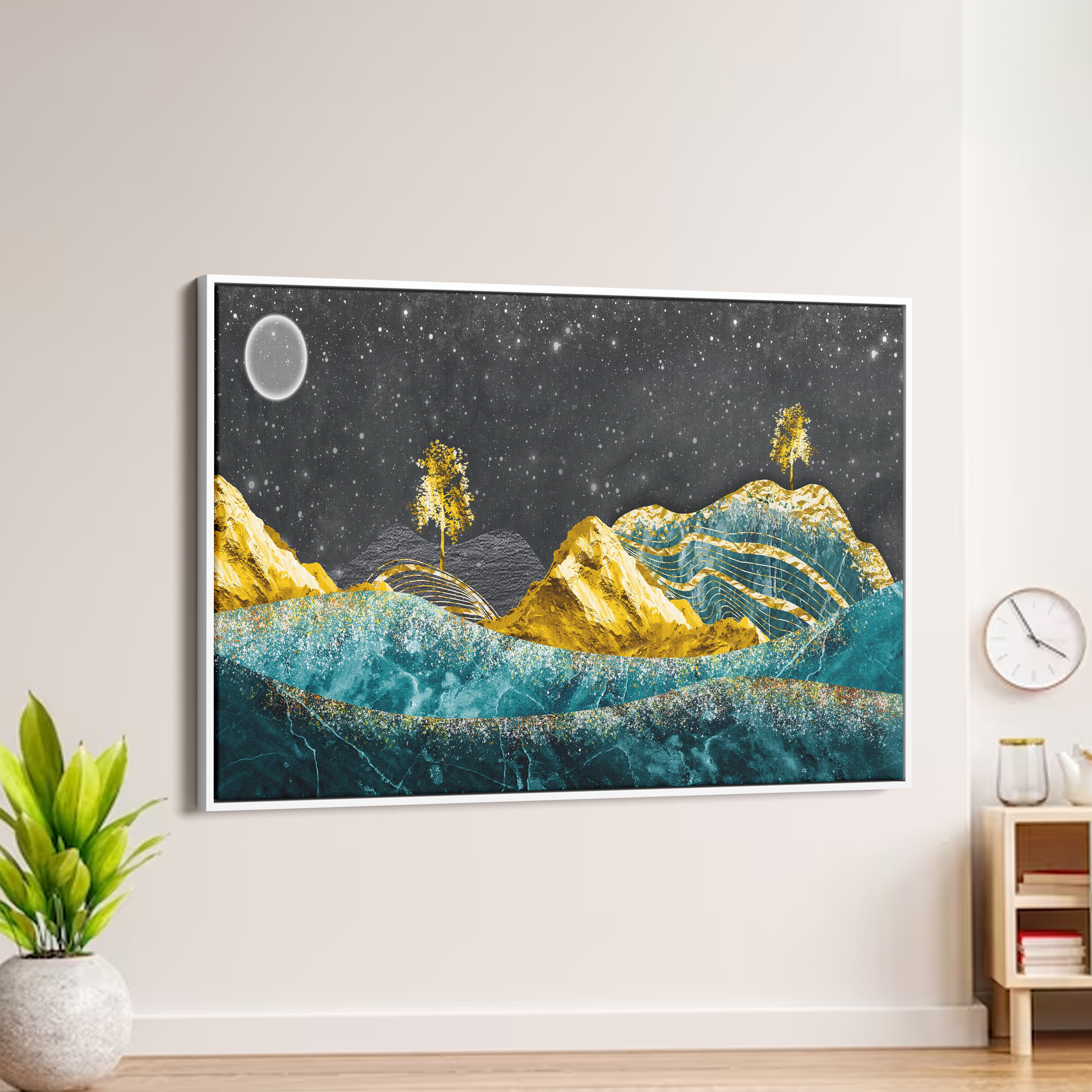 Golden Rocks And Black Sky With Stars Artistic Canvas Wall Painting