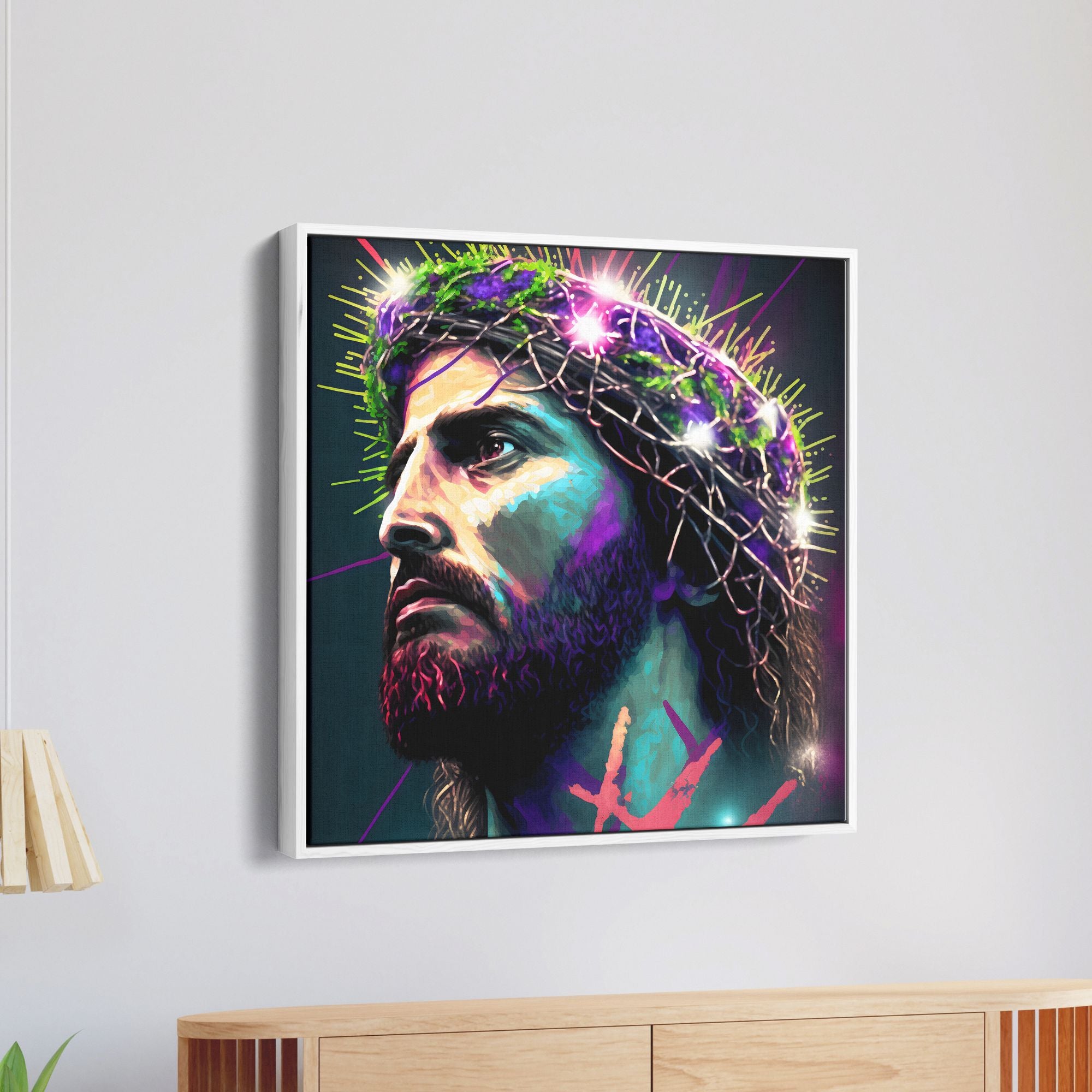 Colorful Jesus Face With Lighting Crown On Head Canvas Wall Painting