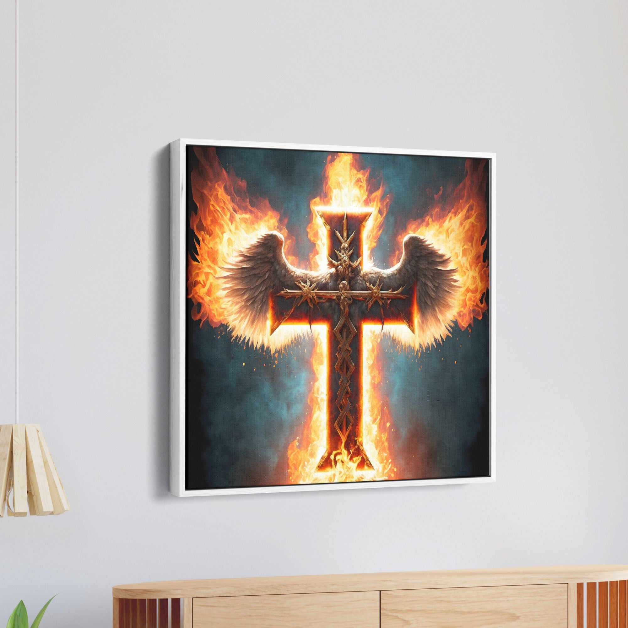 Jesus Cross With Fire Wings Canvas Wall Painting