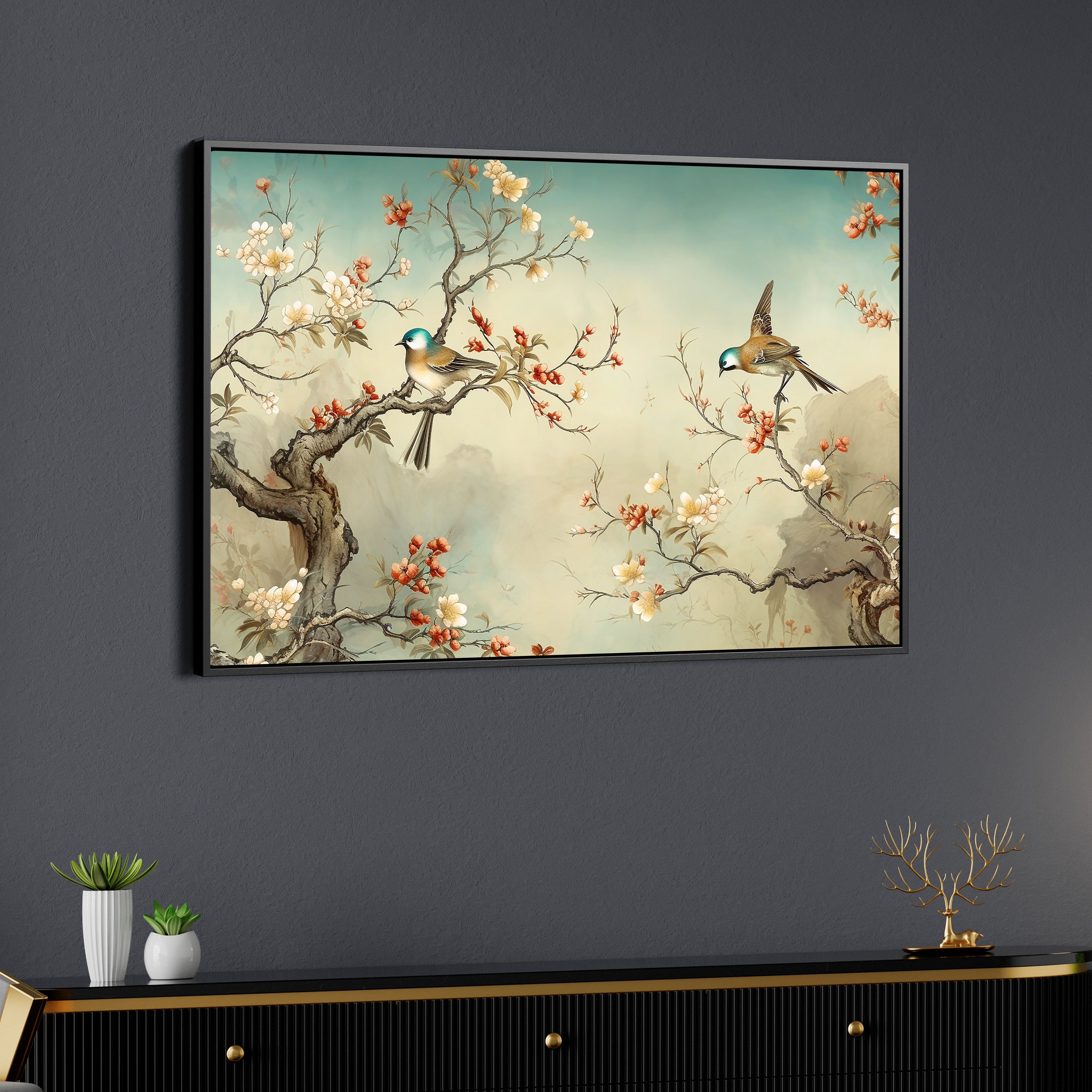 Abstract Birds and Flower Tree Canvas Wall Painting