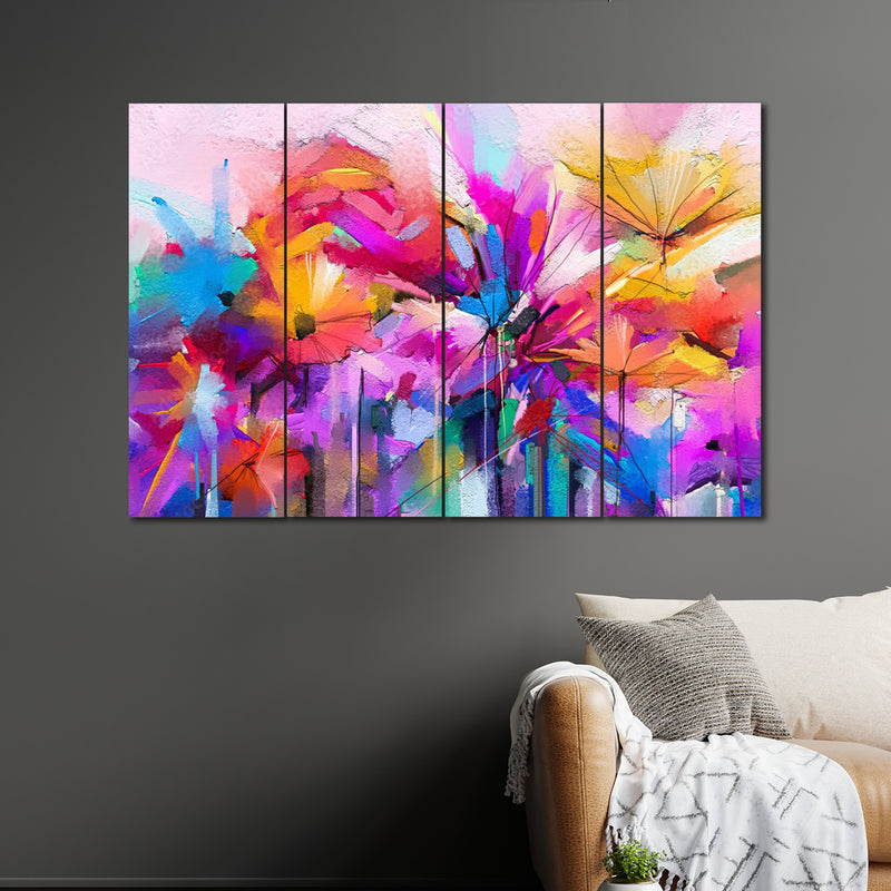 Abstract Colorful Spring Flower In 4 Panel Painting