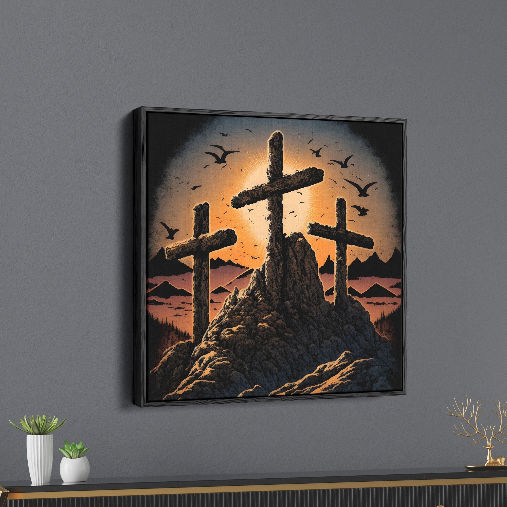 Sunset And Jesus Cross Canvas Wall Painting
