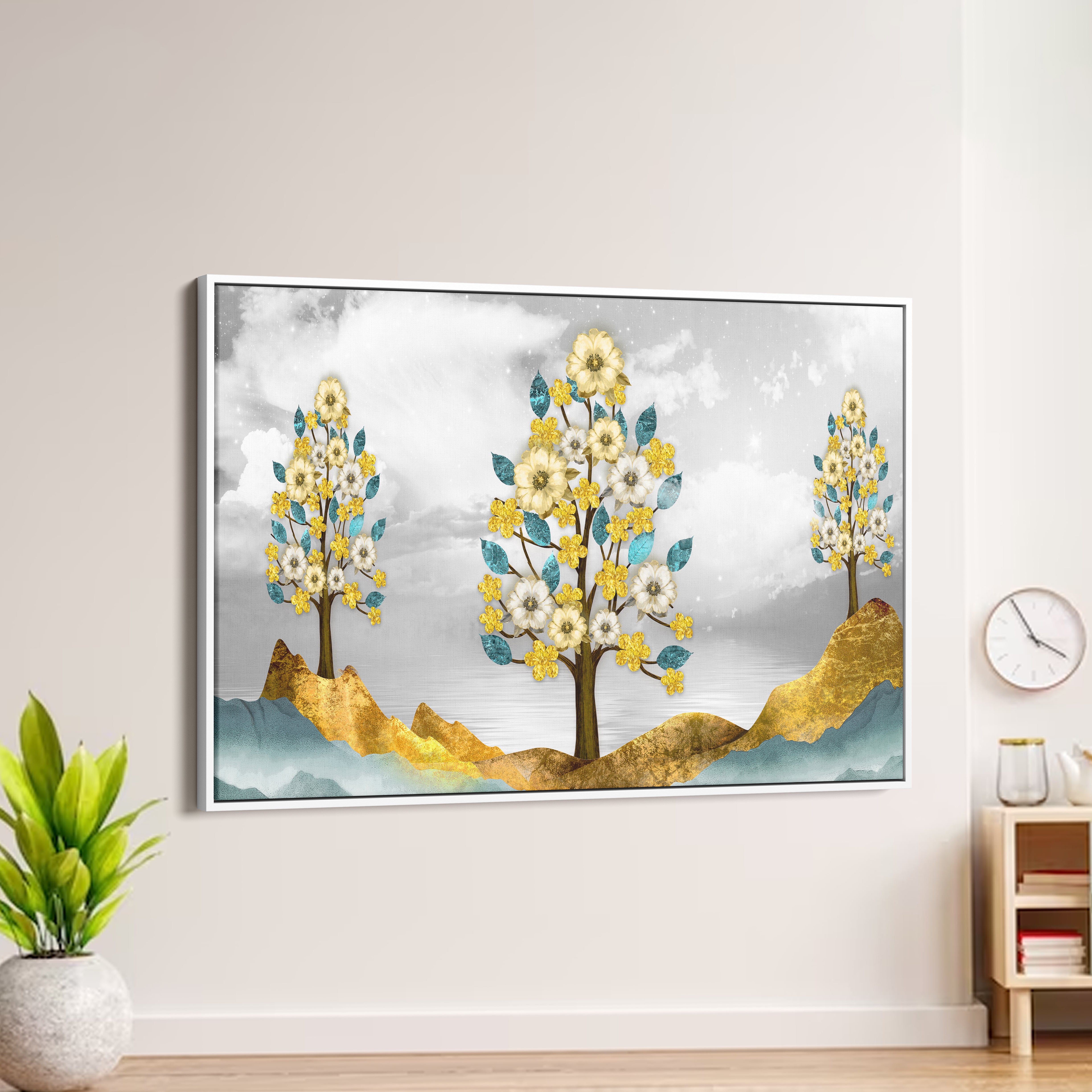 Beautiful Golden Flowers and Turquoise Mountains Canvas Wall Painting