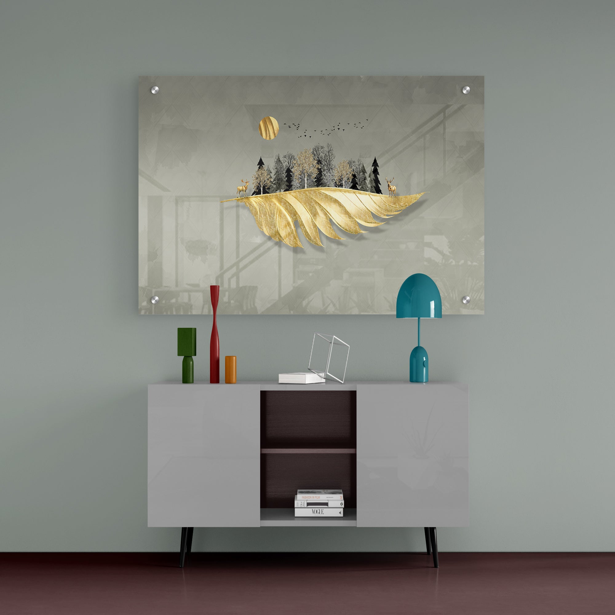 Golden Leaves And Deer Premium Acrylic Wall Painting
