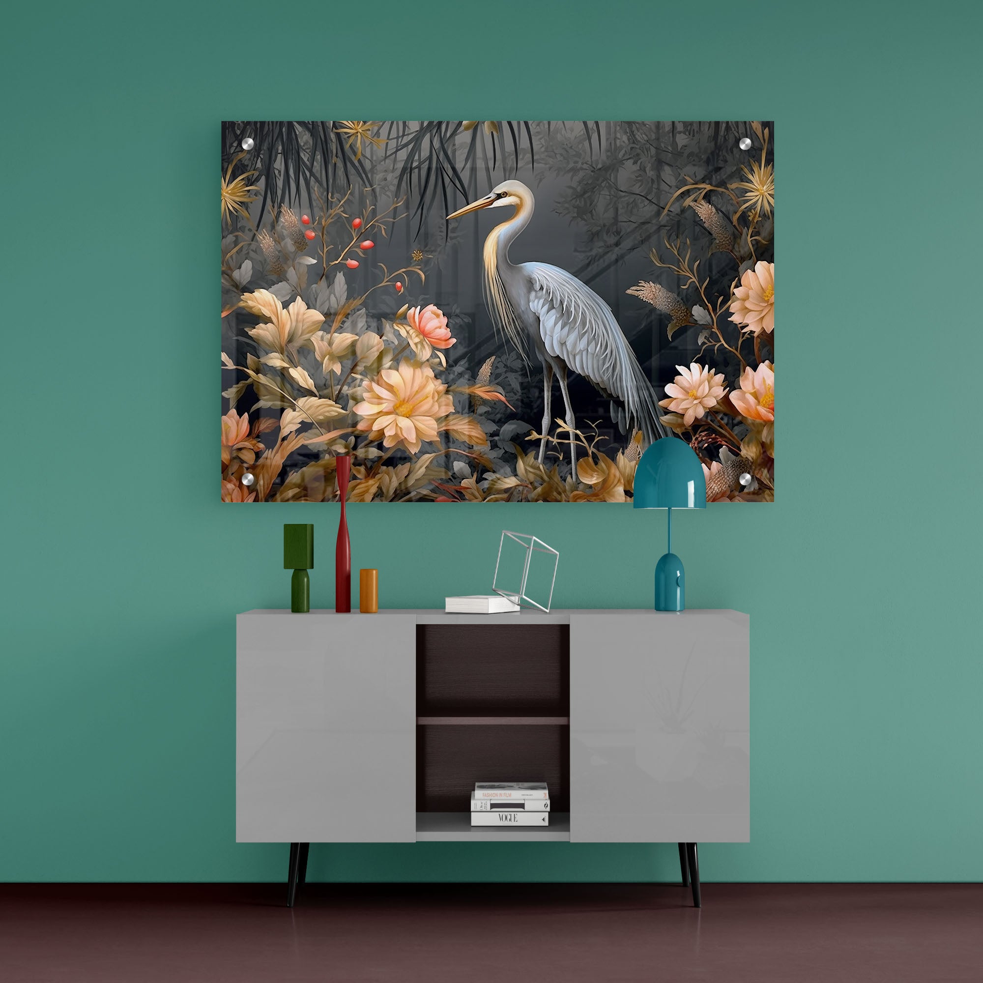 Flowers And Flamingo Acrylic Wall Painting