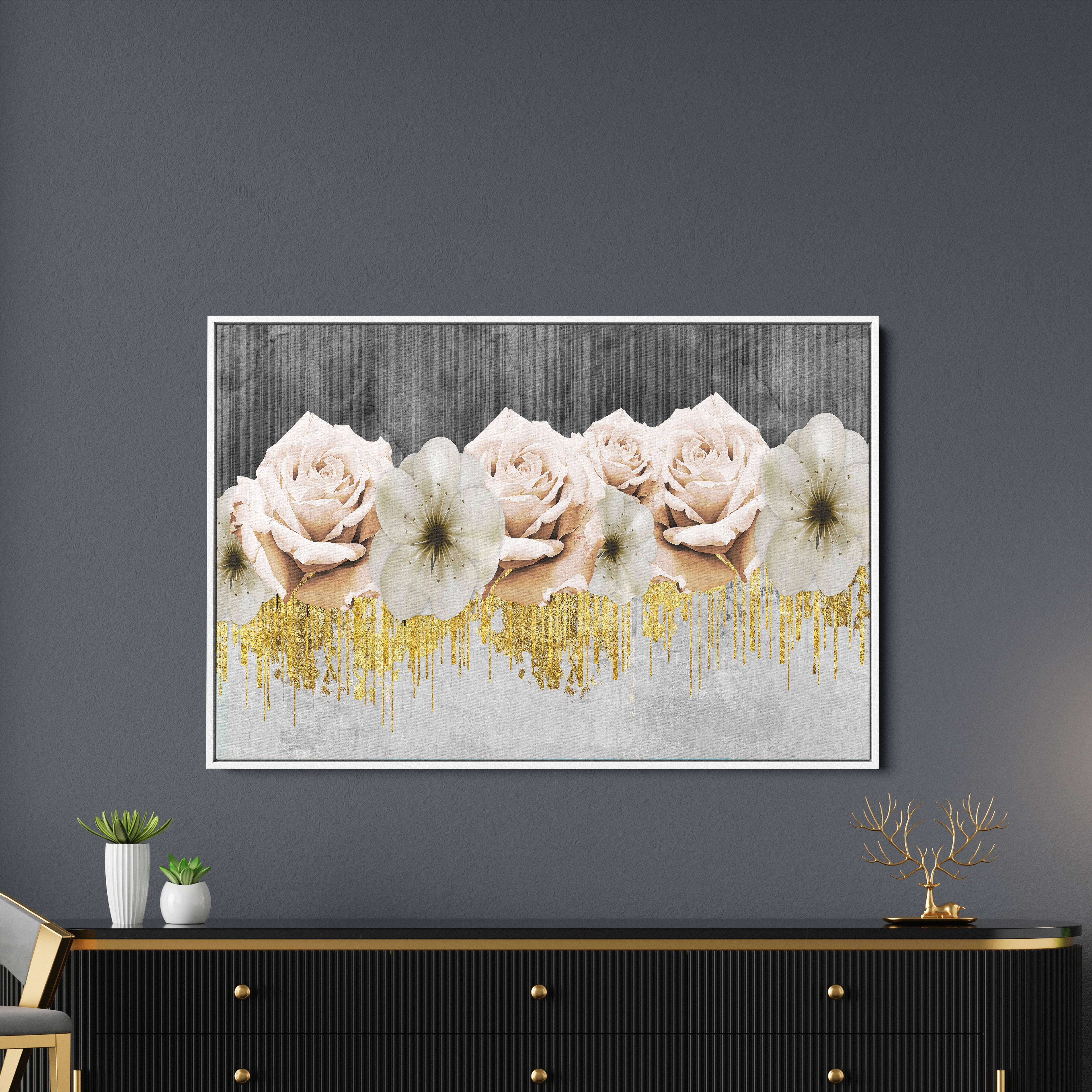 Abstract White Rose Flower Gold Paint Modern Art Canvas Wall Painting