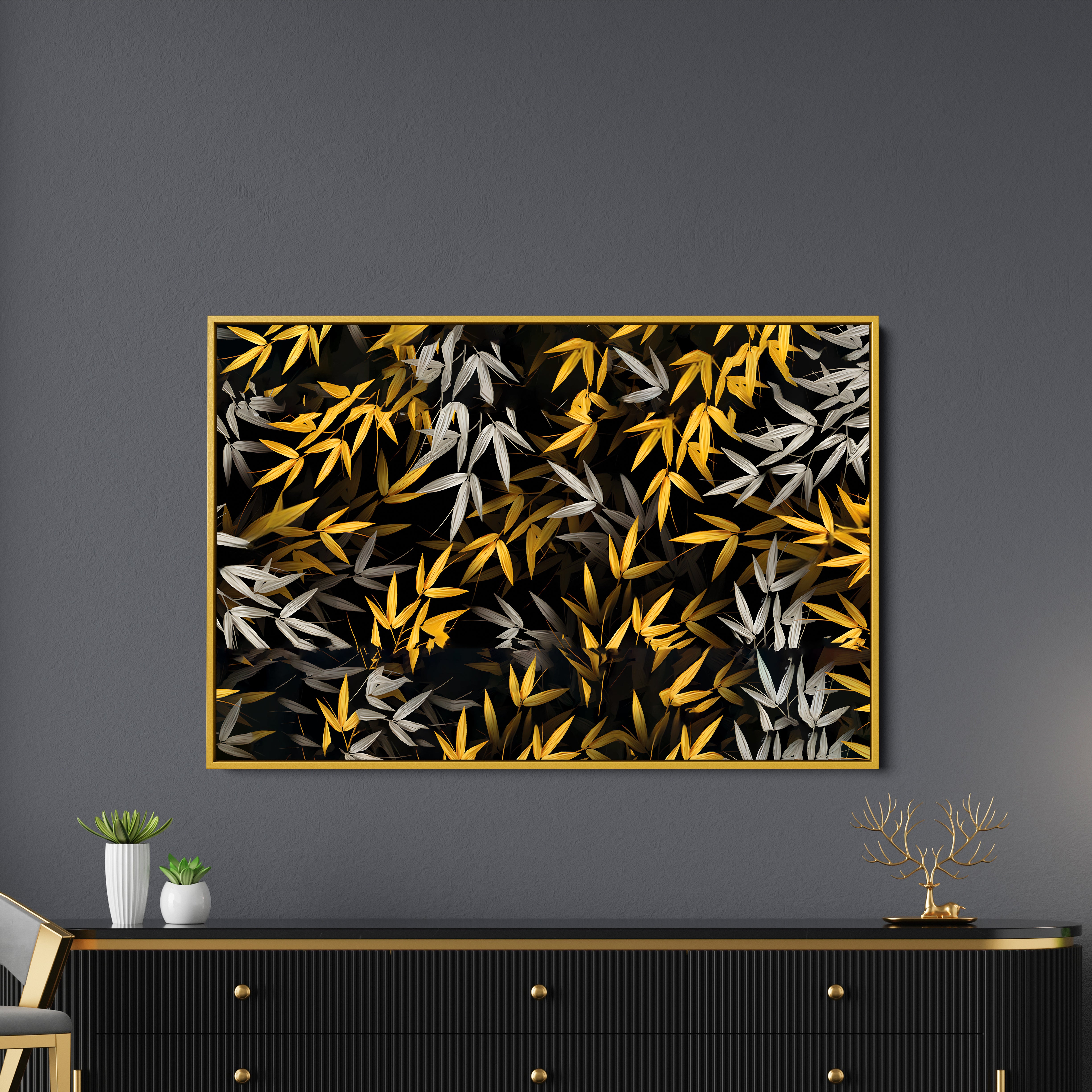 Golden Bamboo Leaves Morden Art Canvas Wall Painting