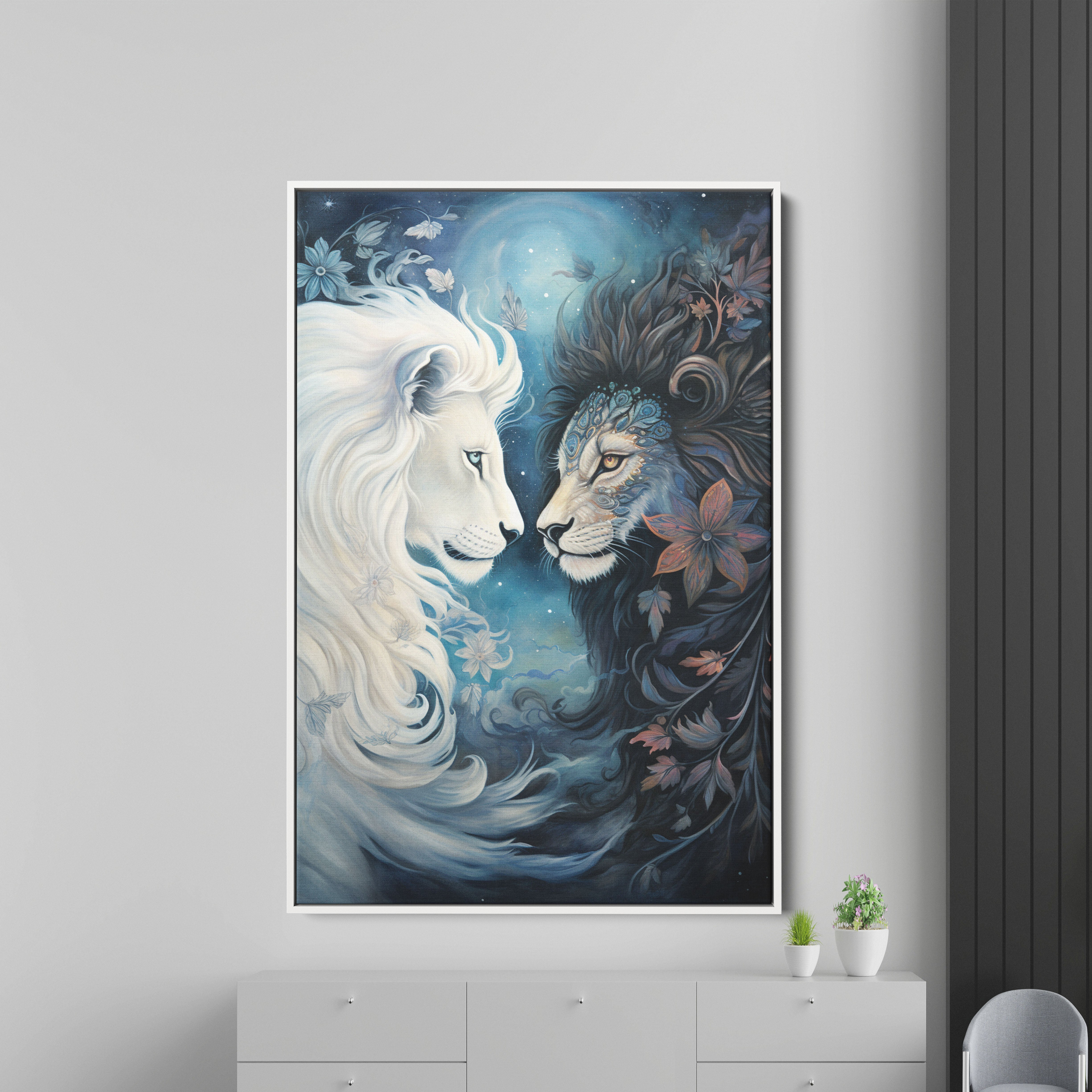 Black And White Yin Yang Love Lion Canvas Wall Painting