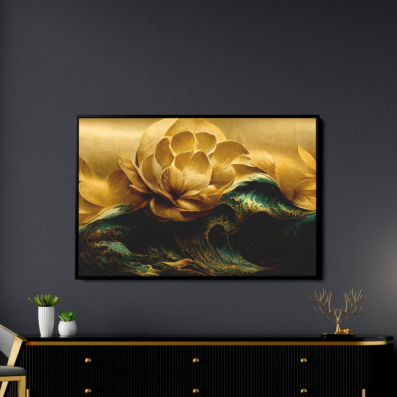Golden Flower and Waves Modern Art Canvas Wall Painting