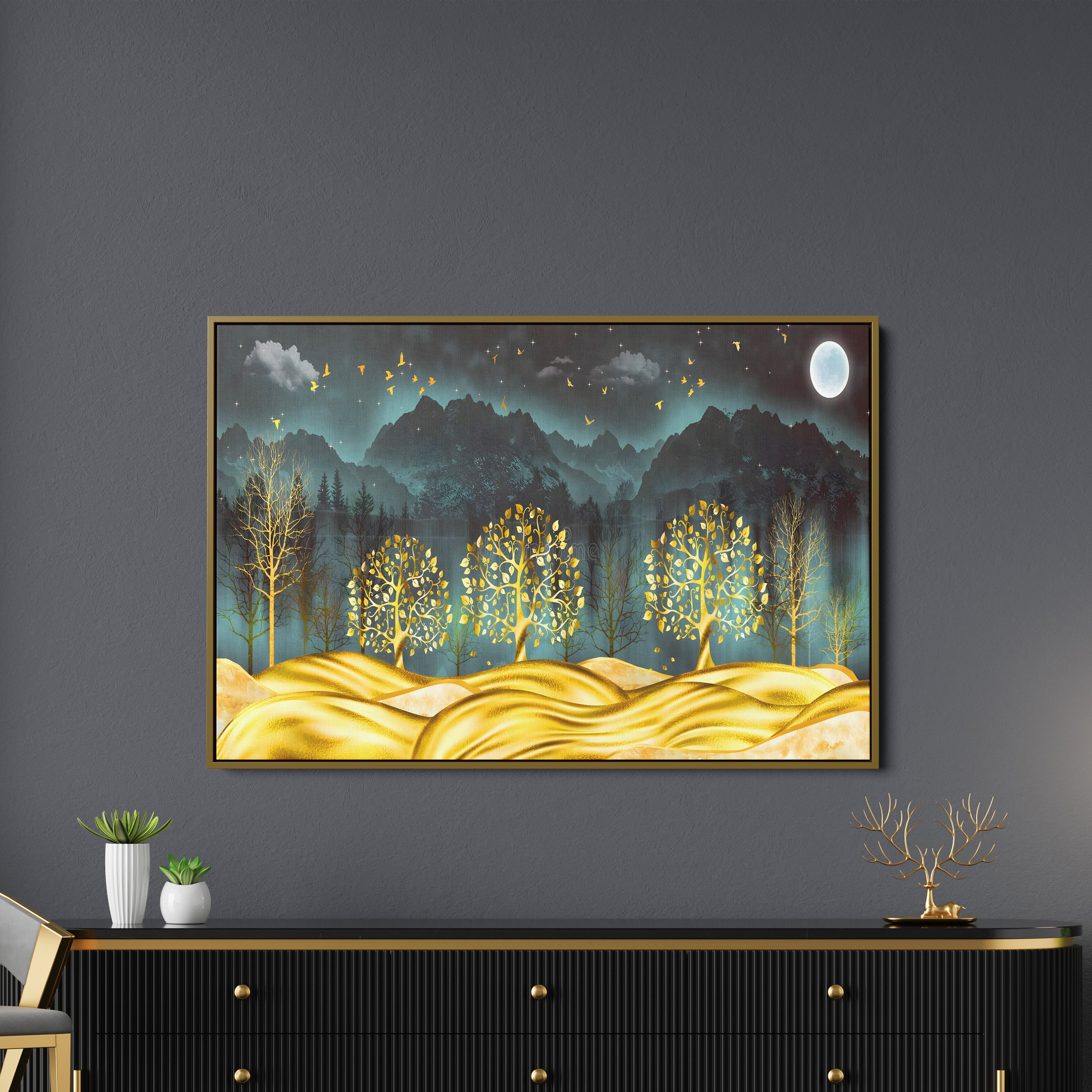 Golden Dreamscape Mesmerizing Nightscape Floating Canvas Wall Painting