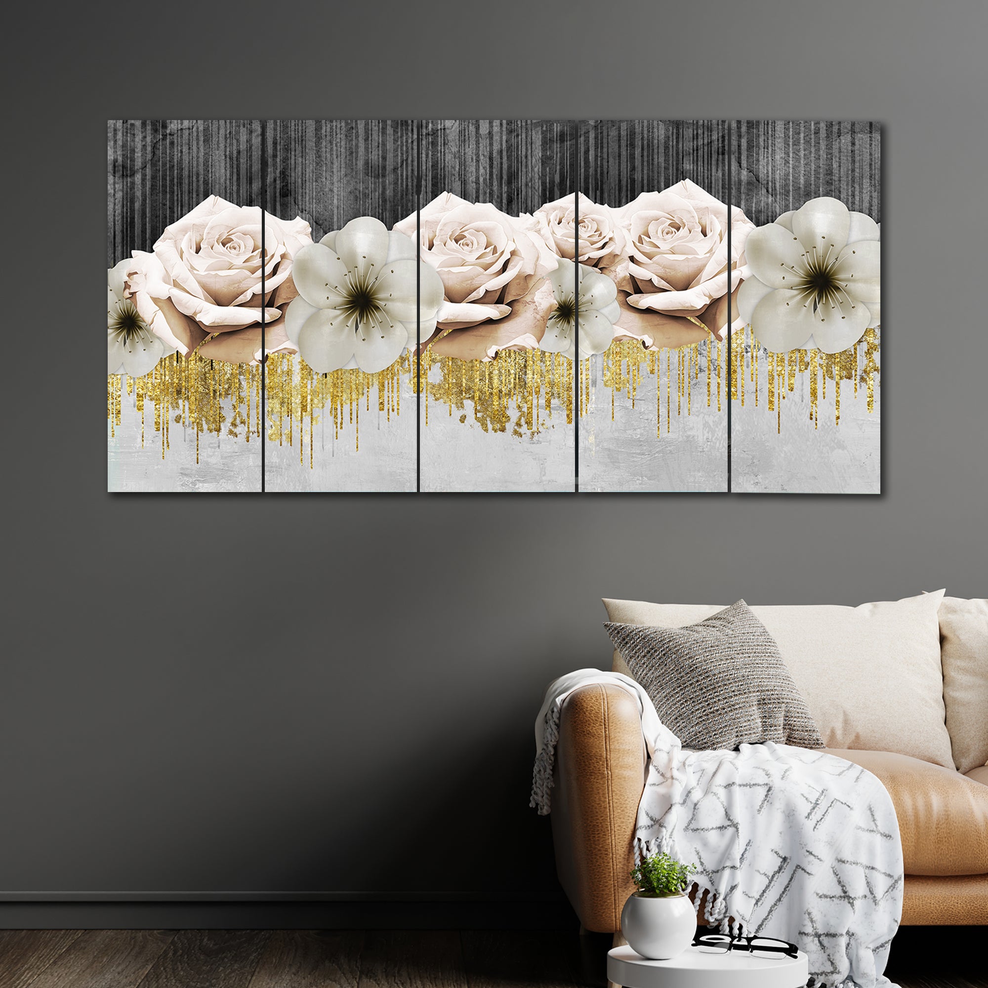 3D Gold White flowers Art In 5 Panel Painting