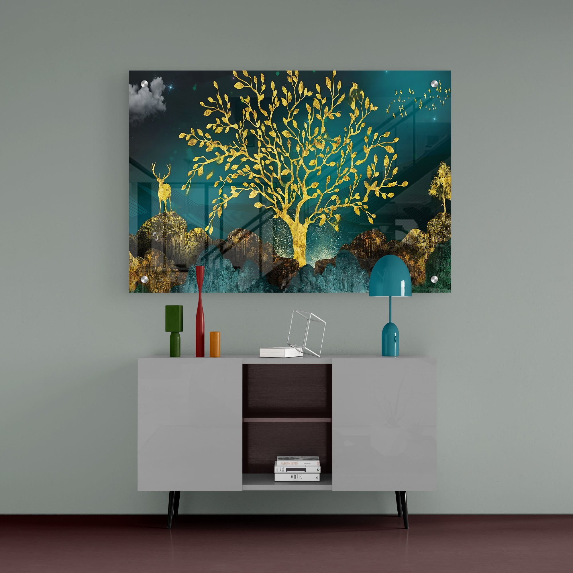 Golden Trees and Deer with Hills Premium Acrylic Painting