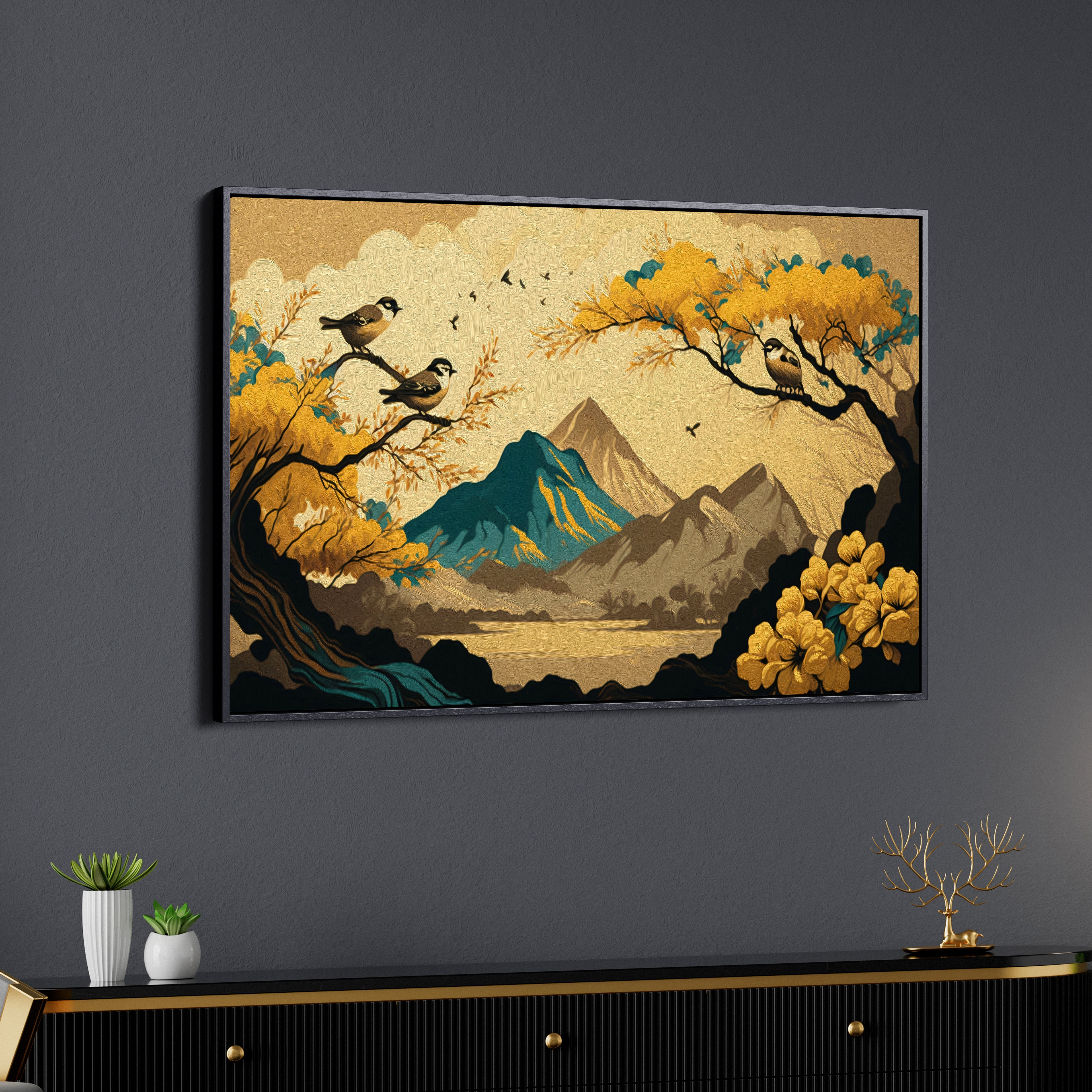 Birds and Mountain Canvas Wall Painting