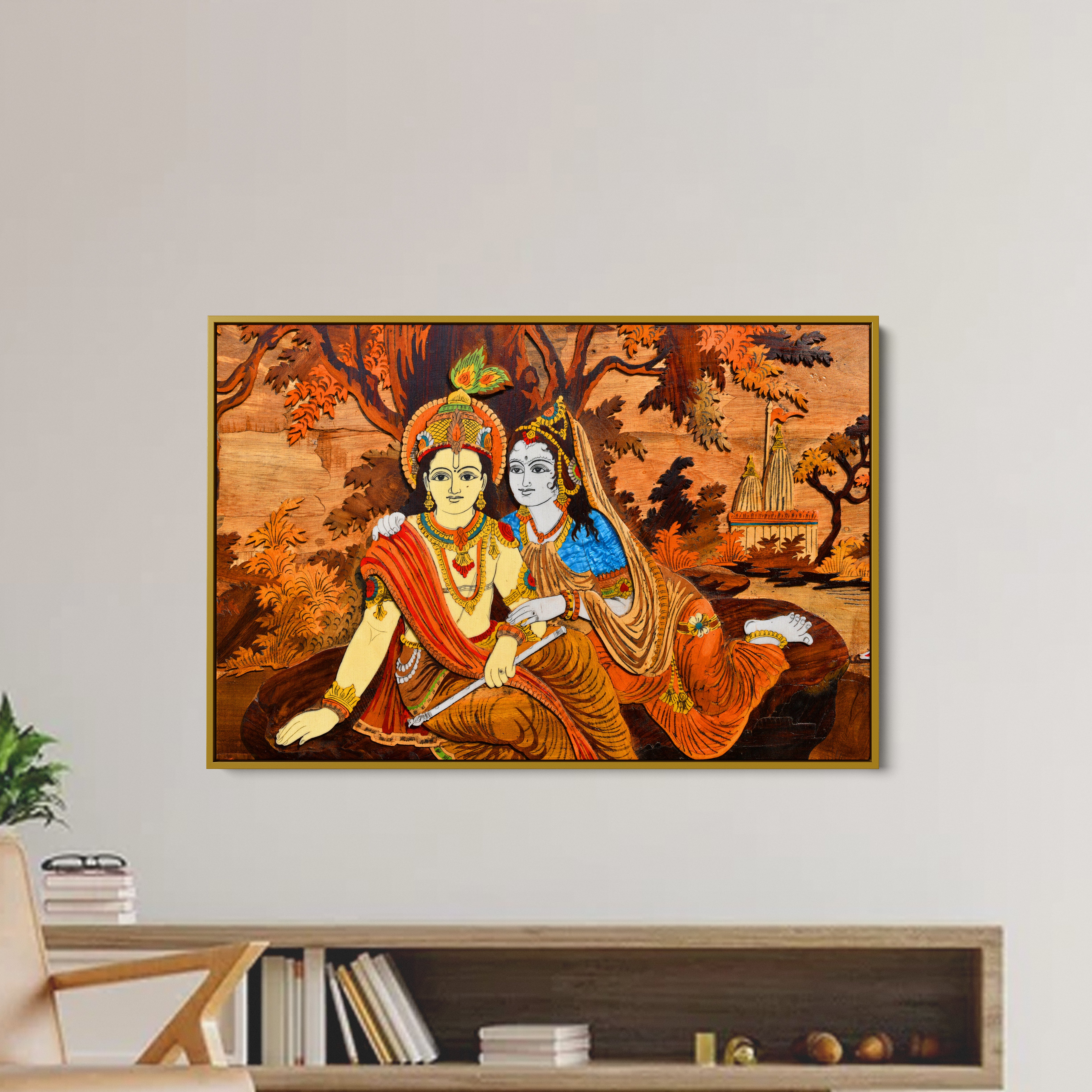 God Radha Krishna Wooden Taxture Canvas Wall Painting
