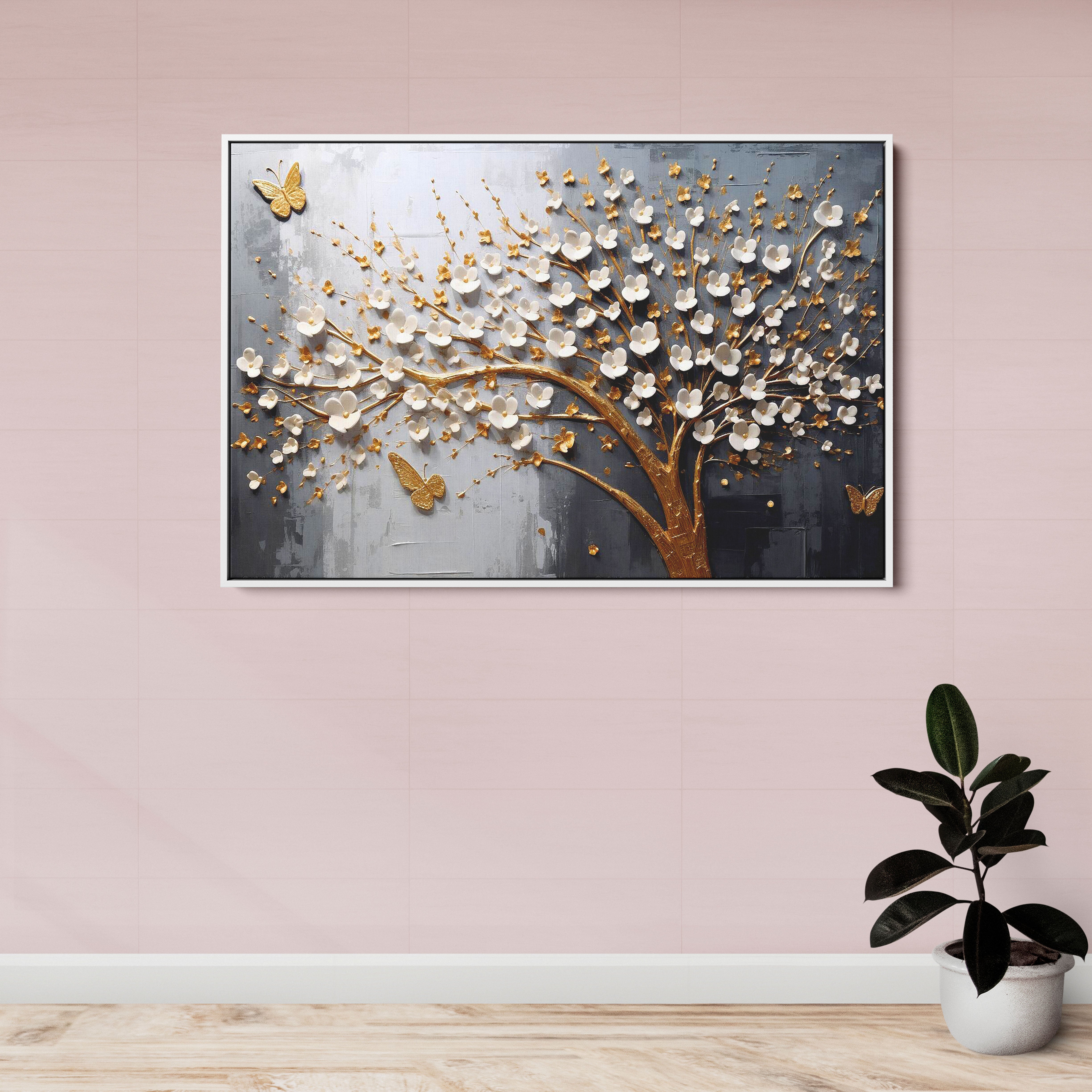 White Flower Tree and Golden Butterfly Canvas Wall Painting