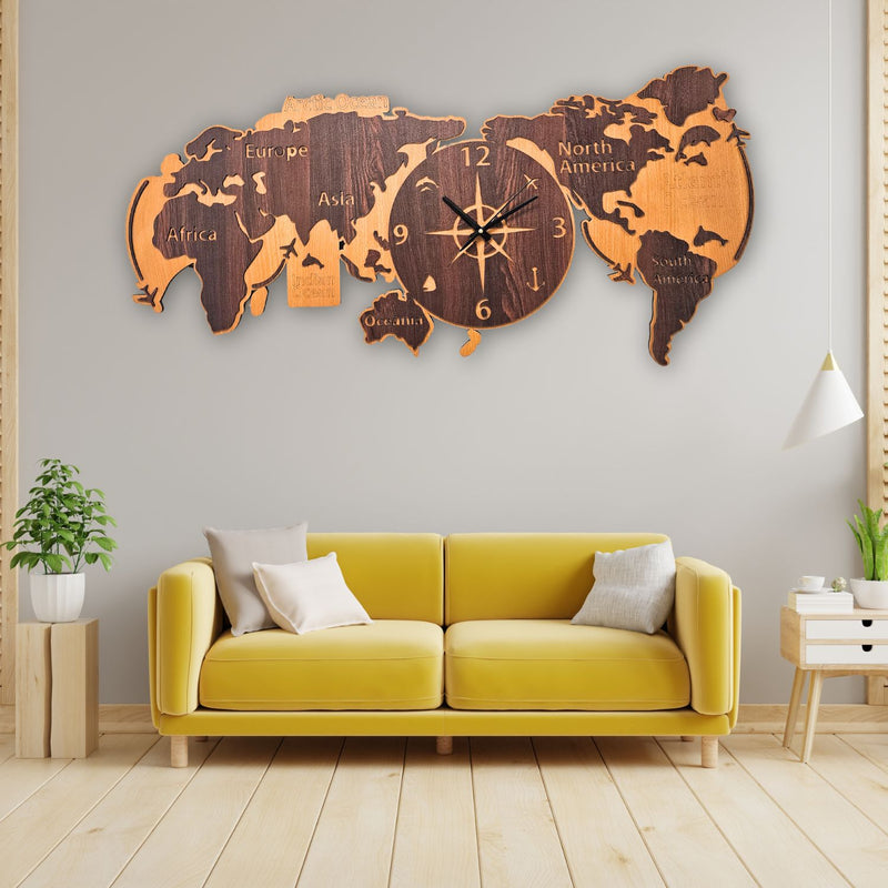 World Map Modern Art Double Layer Wooden Wall Clock
