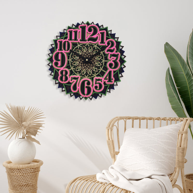 3D Big Number Mandala Clock Wooden Multilayer Round Shape Wall Clock