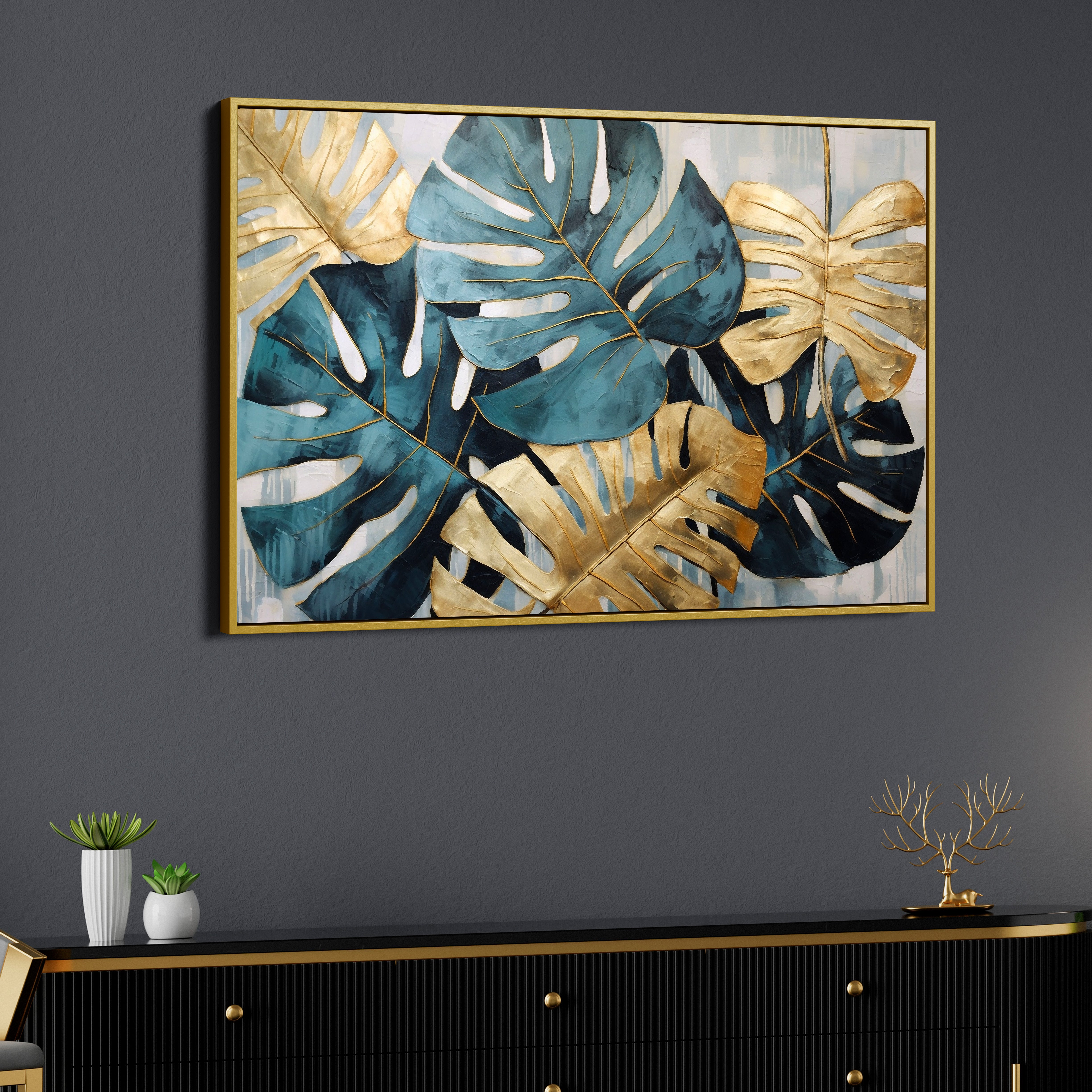 Golden And Green Flower Canvas Wall Painting