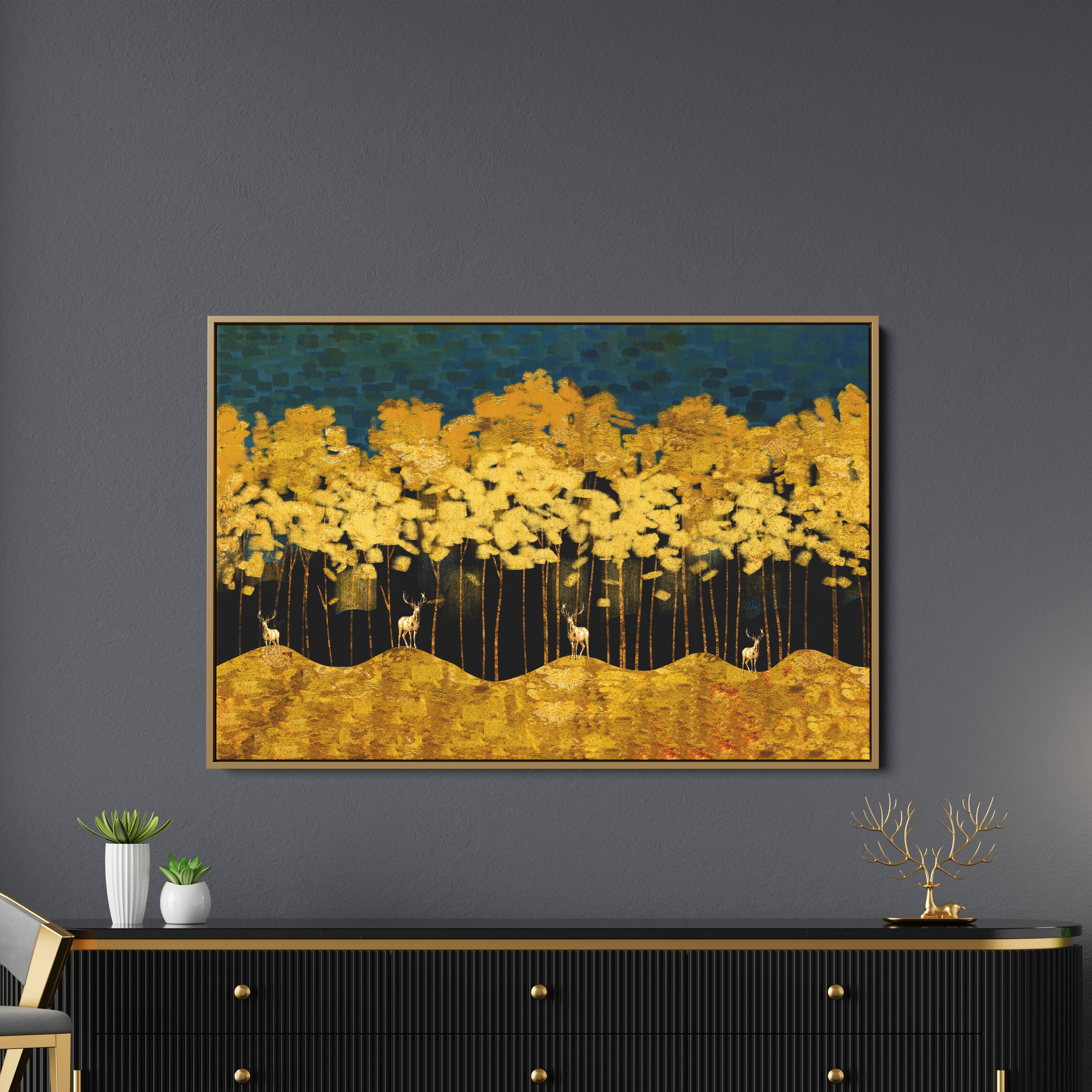 Golden Forest and Deer Canvas Wall Painting