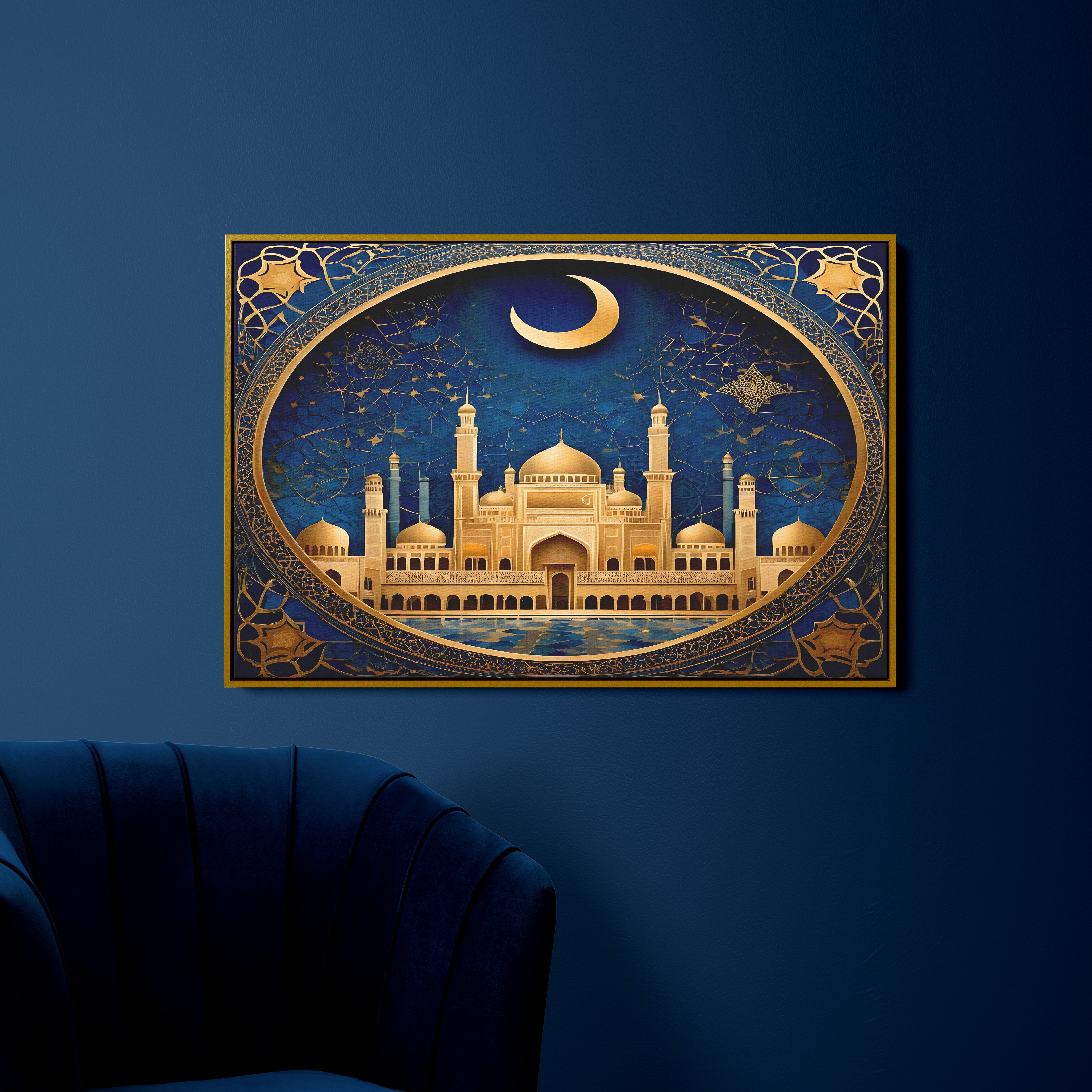 Islamic Golden Mosque With Eid Moon Beautiful Canvas Wall Painting