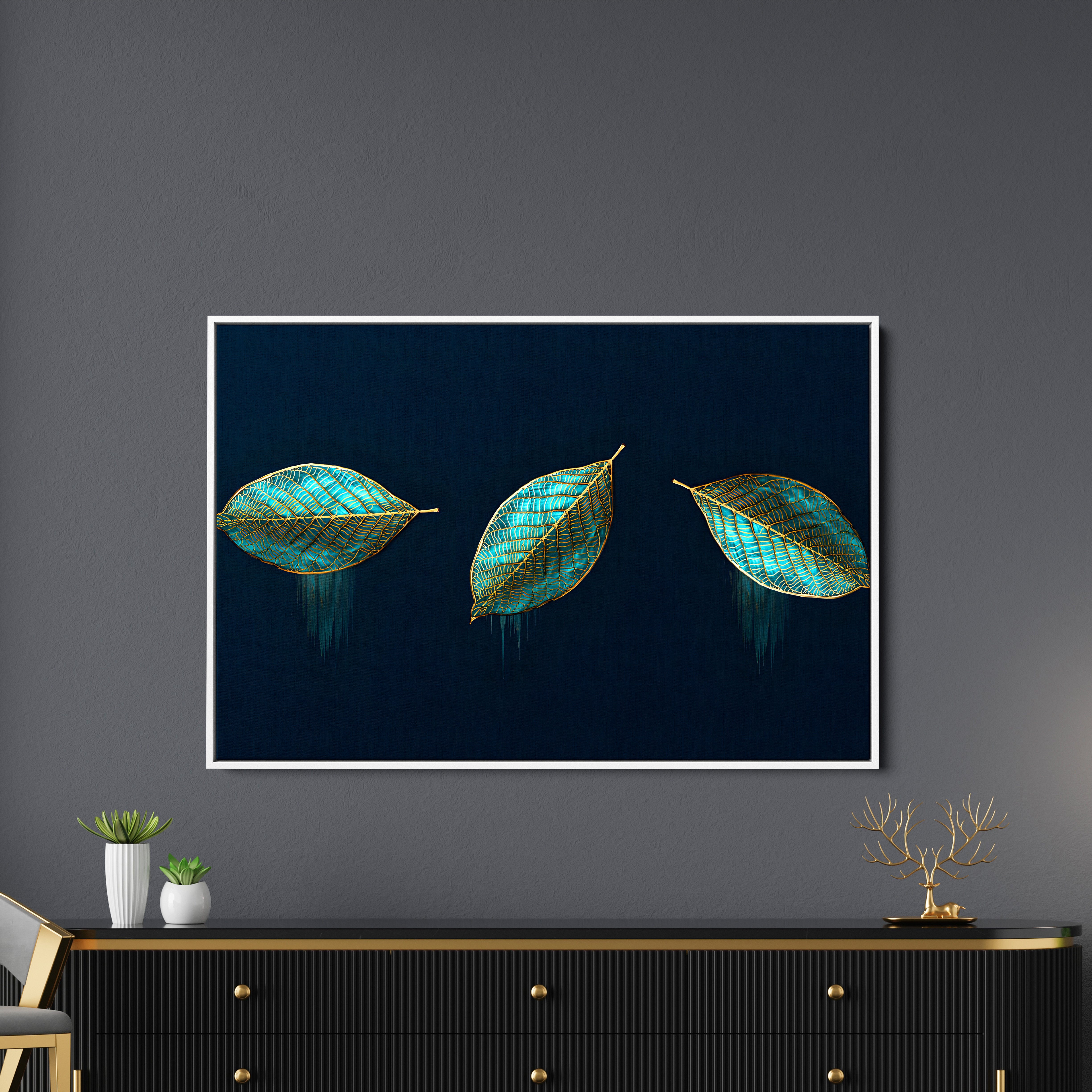 Luxurious Abstract Art of Modern Green Leaves Premium Wall Painting