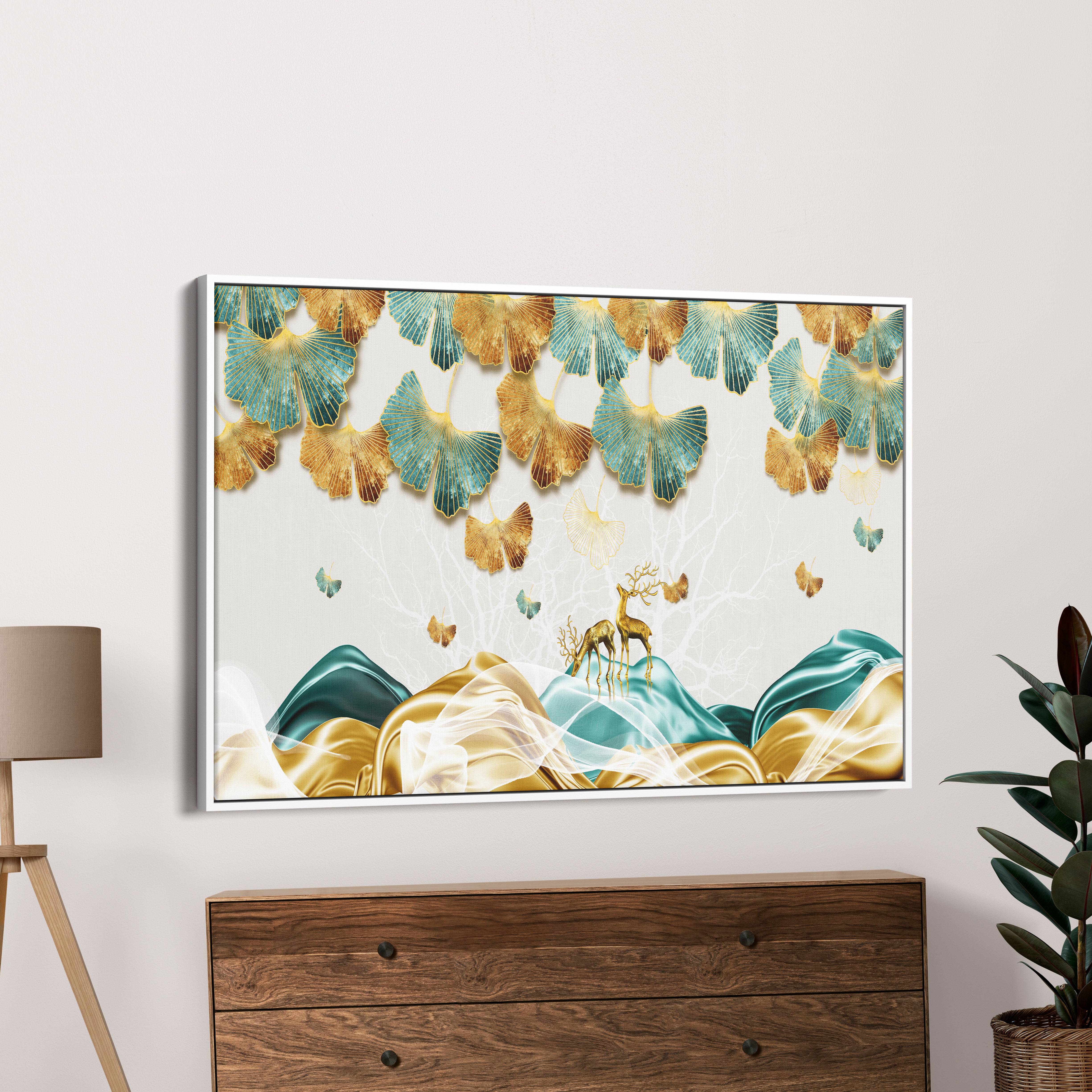 Golden Leaf And Deer Luxurious Abstract Art Canvas Wall Painting
