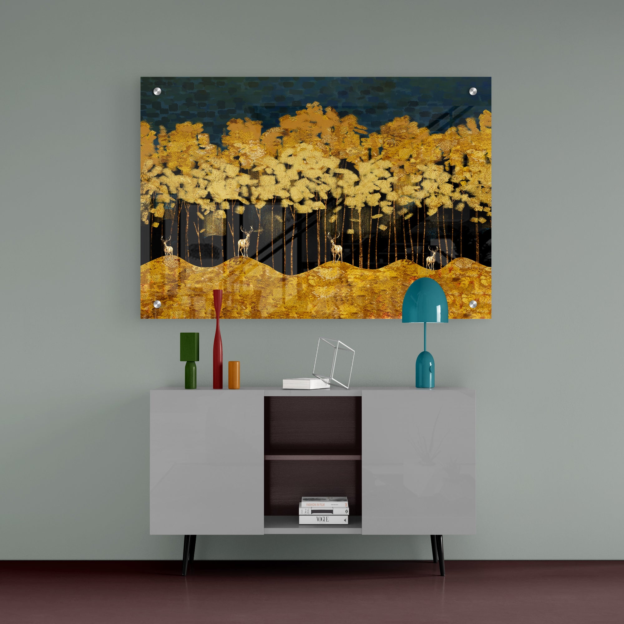 Golden Forest and Deer Premium Acrylic Wall Painting