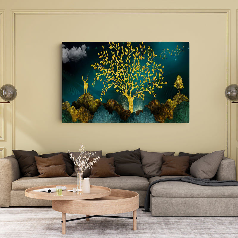 Golden Trees and Deer with Hills Premium Canvas Print Wall Painting