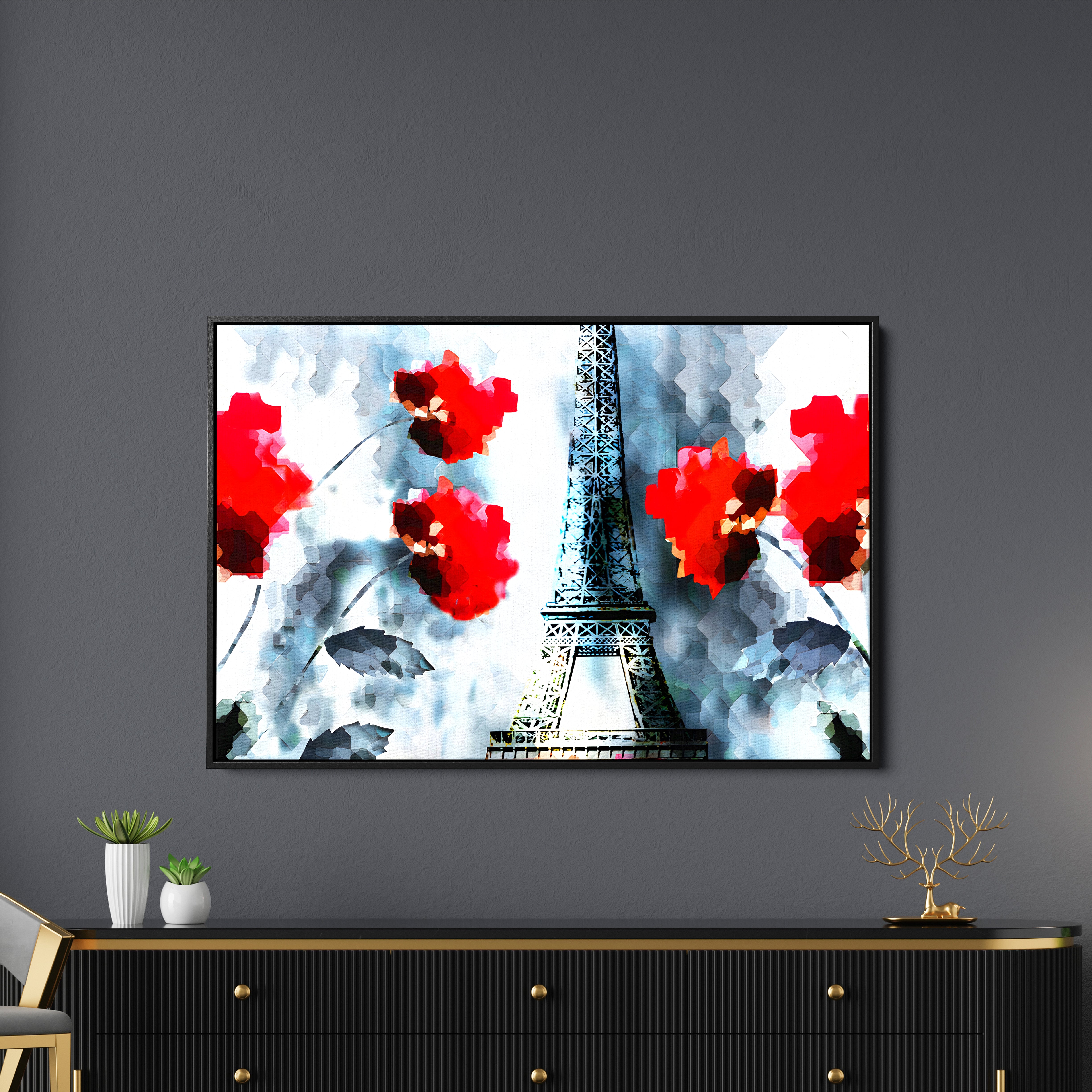 Modern Abstract Art Eiffel Tower And Flowers Wall Painting