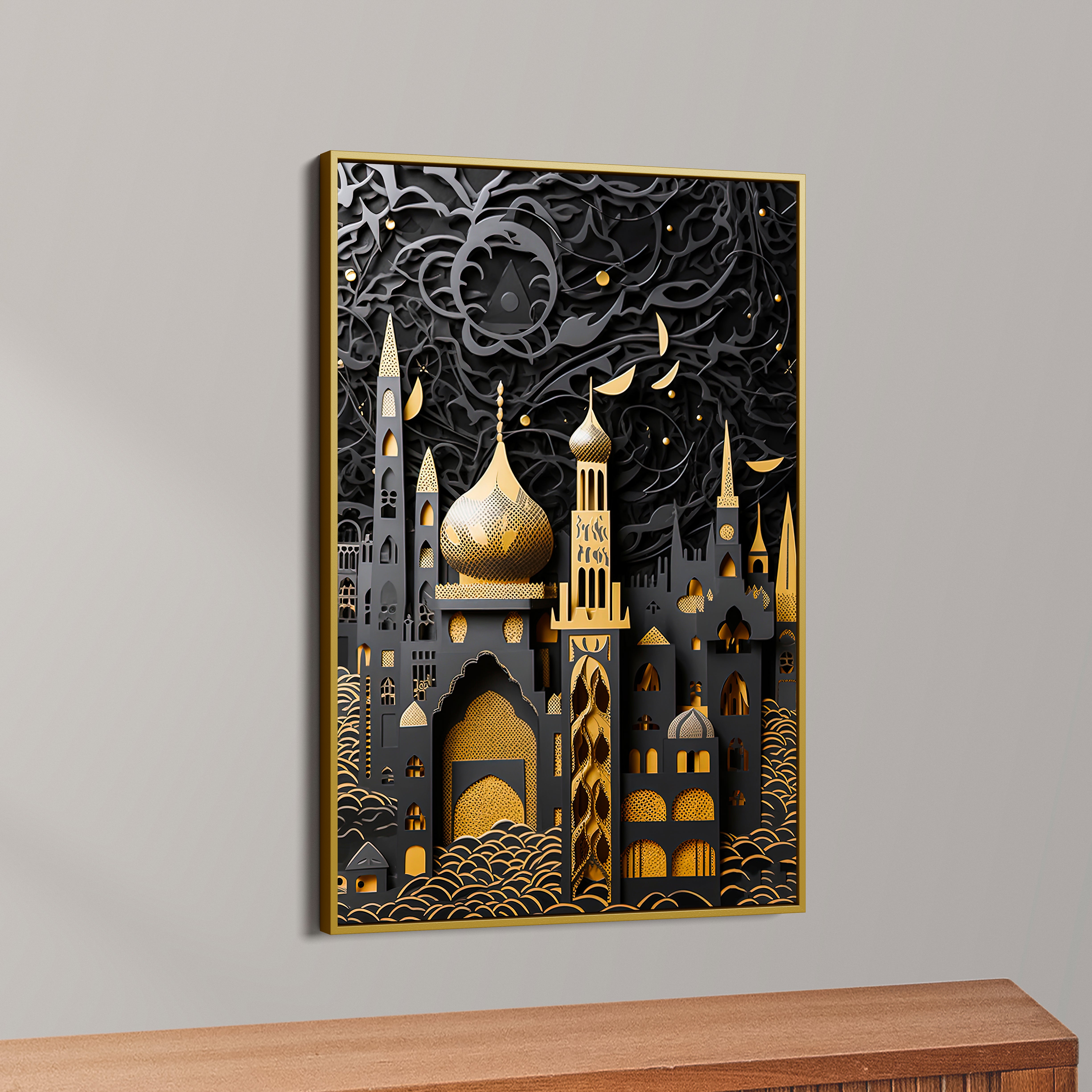 Golden Balck Islamic Mosque Canvas Wall Painting