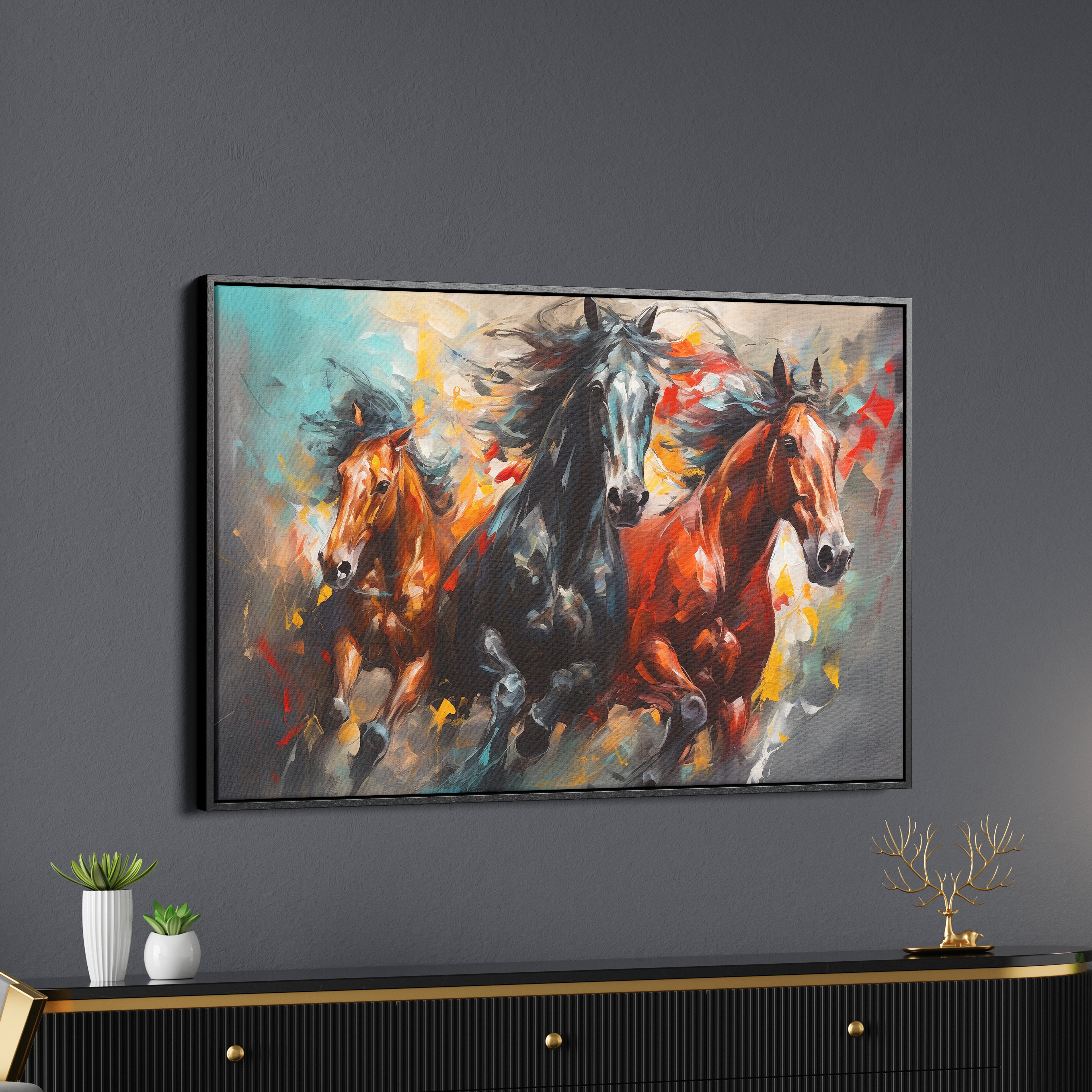 Abstract Colorful Tree Runing Horses Canvas Wall Painting