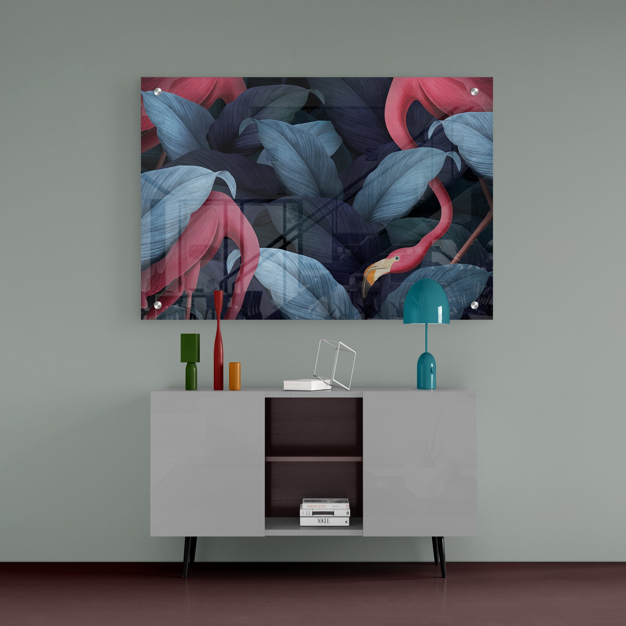 Flamingo With Navy Blue Leaves Acrylic Painting