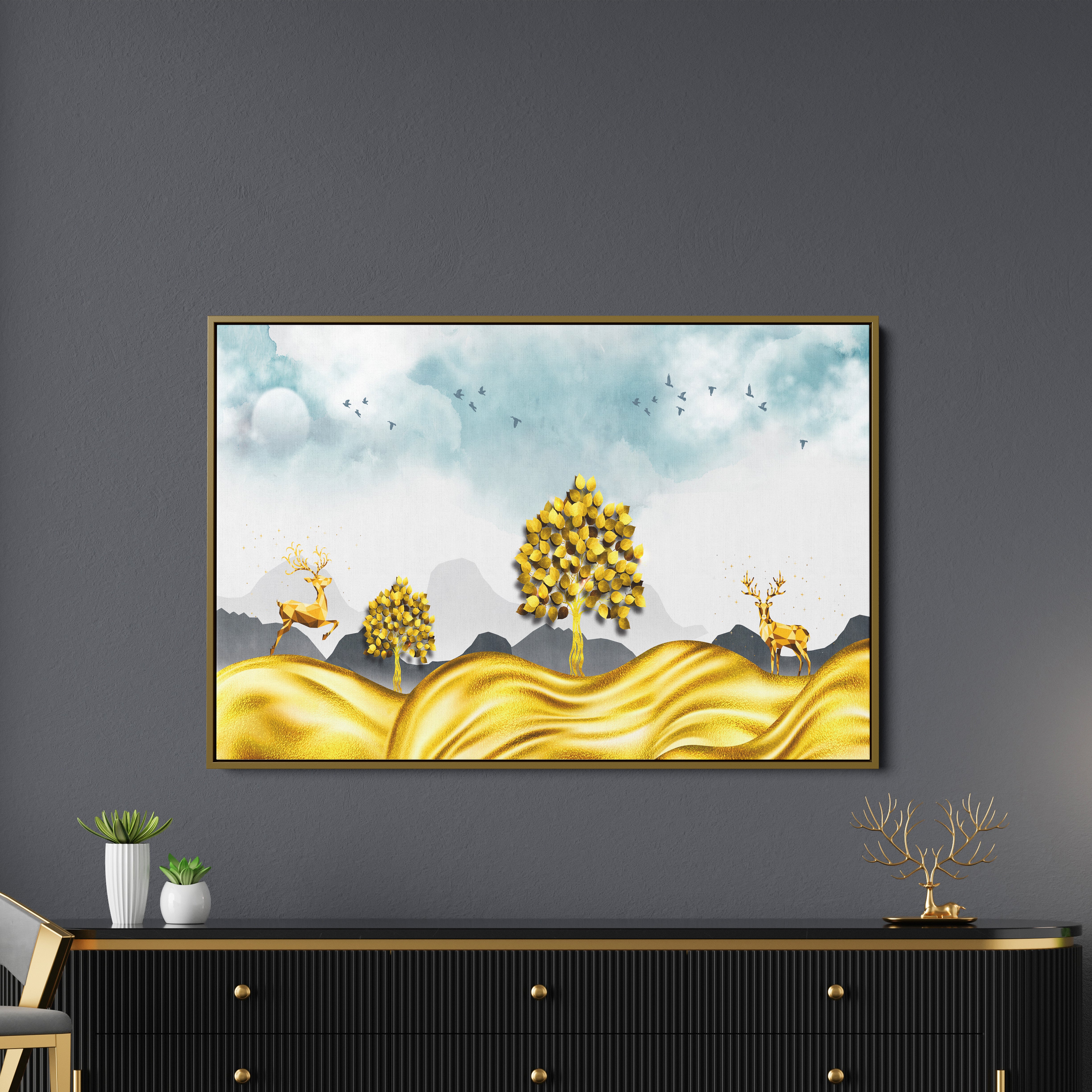 Golden Tree And Deer Canvas Wall Painting