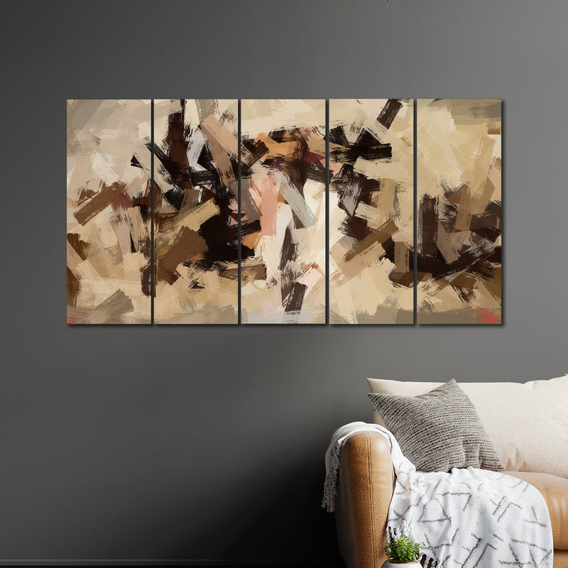 Abstract Art in Beige and Brown color Strokes In 5 Panel Painting