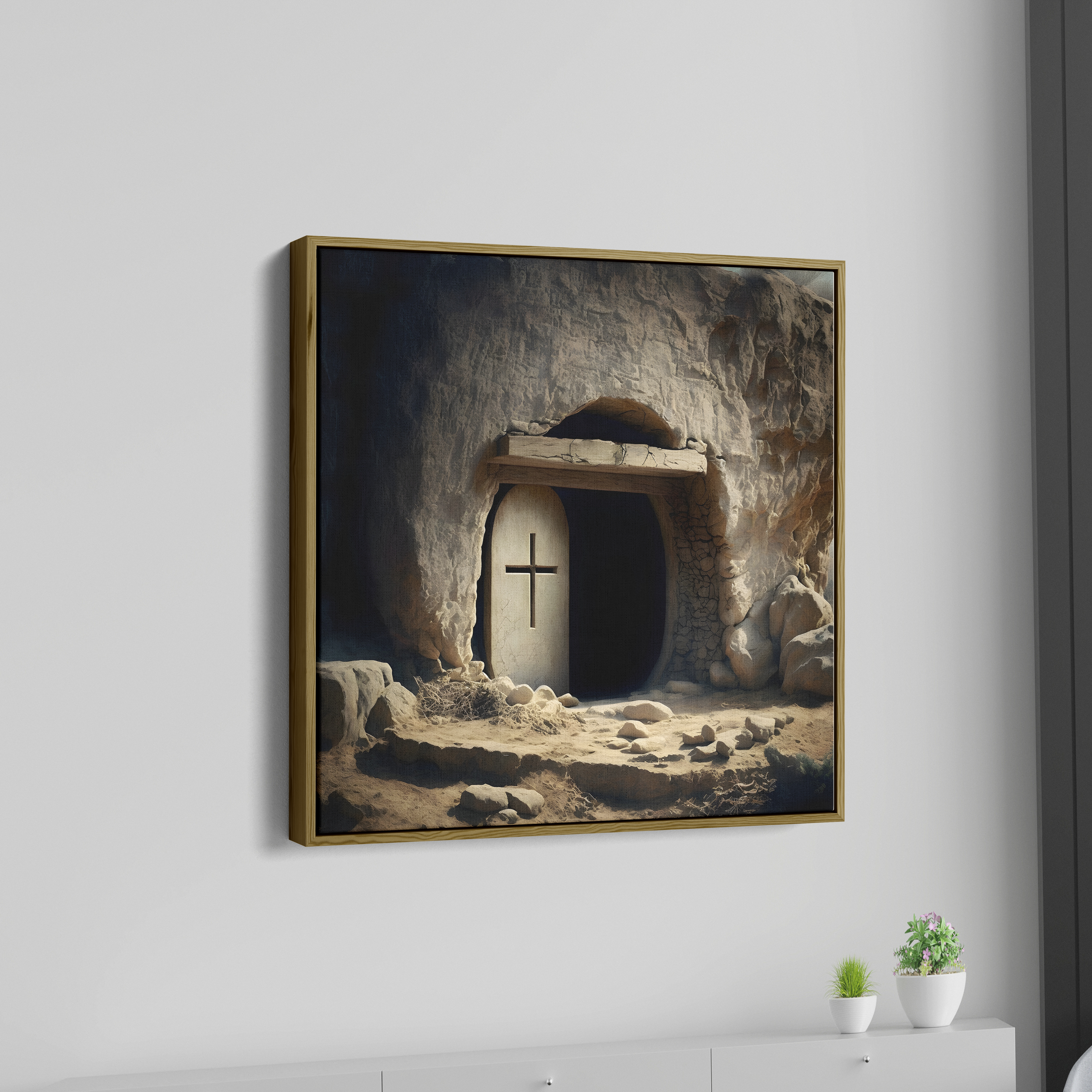 Rock Jesus Cross In Cave Canvas Wall Painting