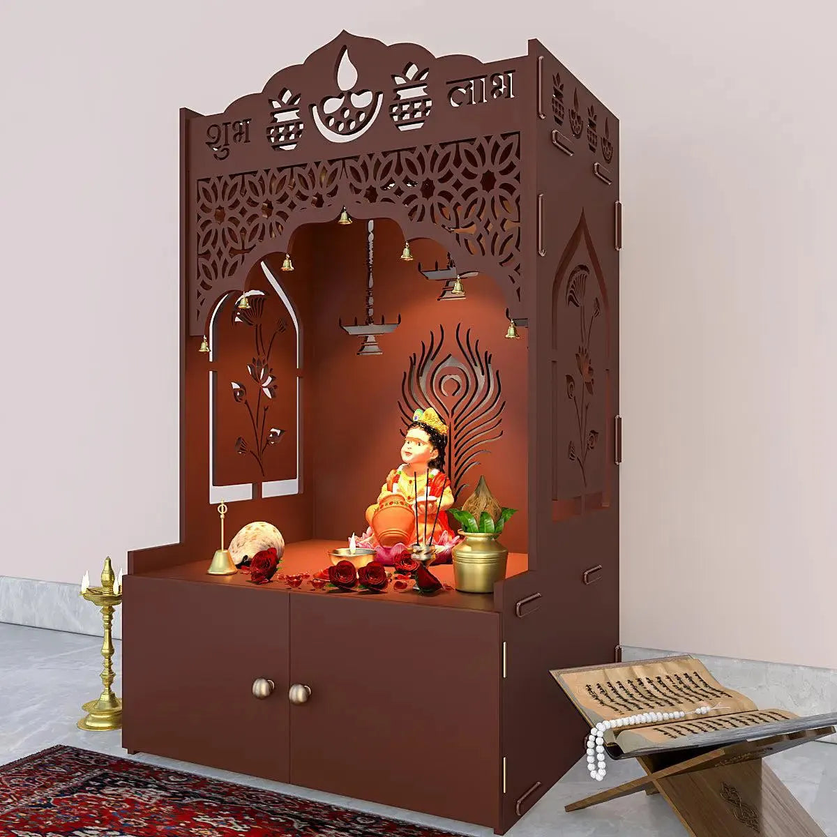 Intricate Jali Wooden Floor Temple with Spacious Shelf & Inbuilt Focus Light- Brown