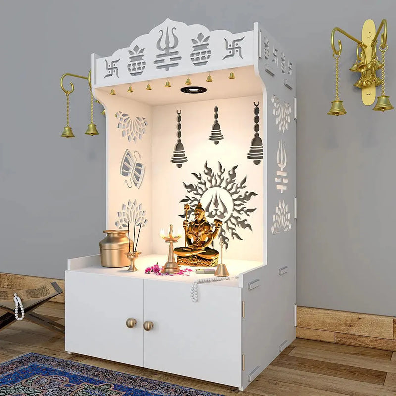 Surya Chakra MDF Wood Temple with Spacious Shelf & Inbuilt Focus Light- White