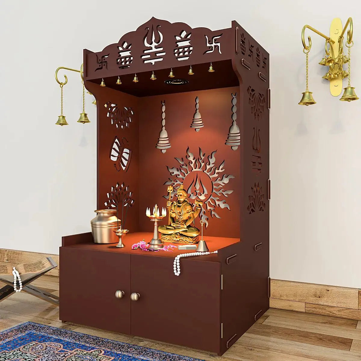 Surya Chakra MDF Wood Temple with Spacious Shelf & Inbuilt Focus Light- Brown