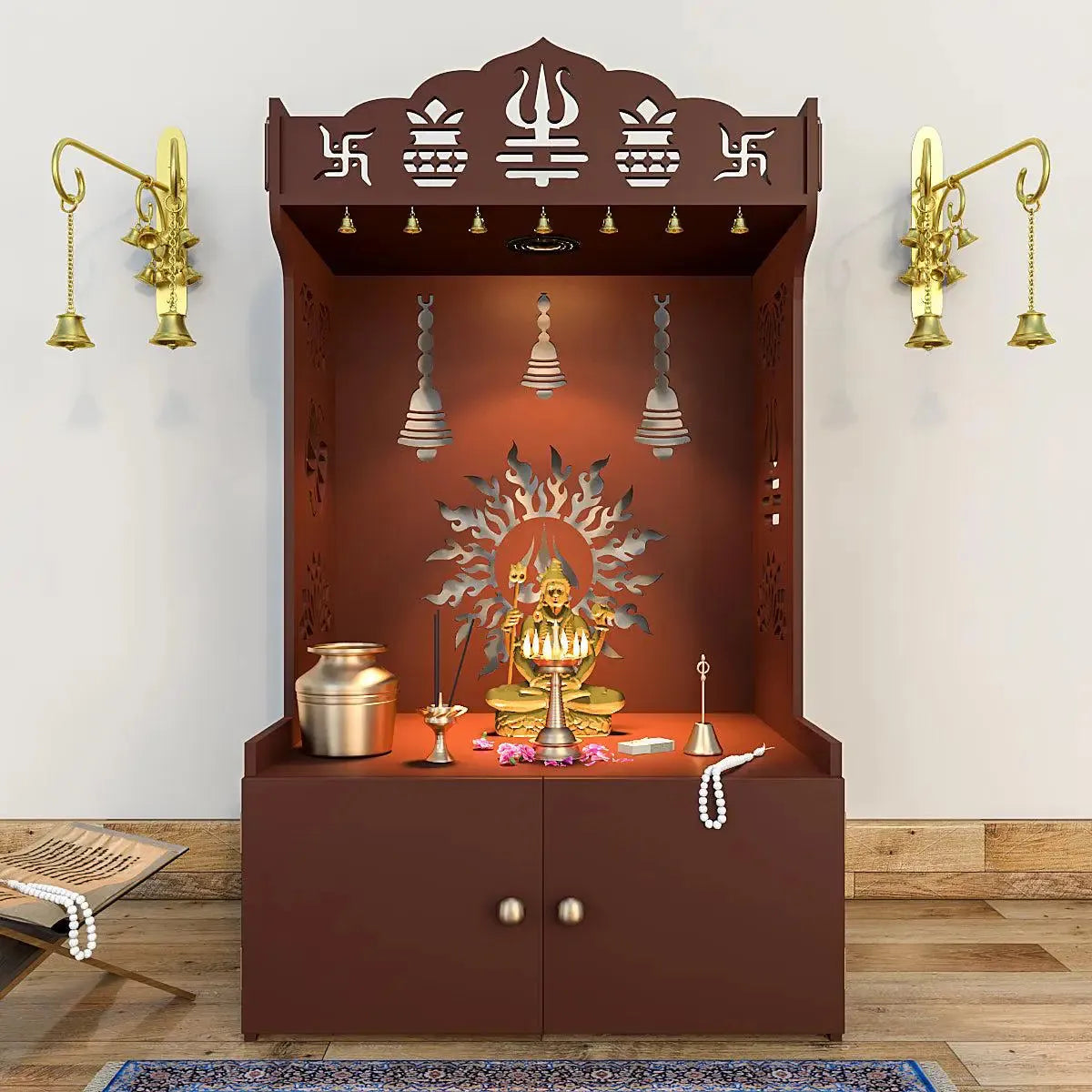 Surya Chakra MDF Wood Temple with Spacious Shelf & Inbuilt Focus Light- Brown