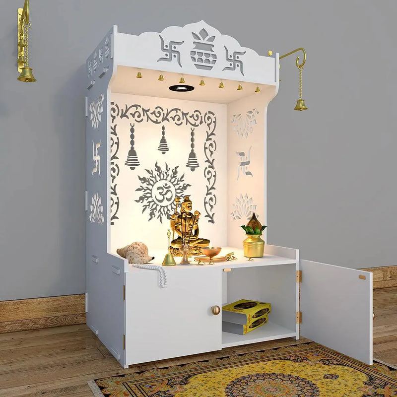 Aesthetic White Wooden Temple for Home with Spacious Shelf & Inbuilt Focus Light
