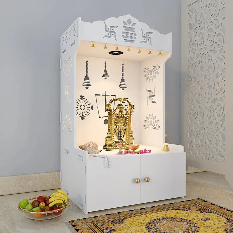 Intricate Detailed White Floor Temple with Spacious Shelf & Inbuilt Focus Light – Wooden