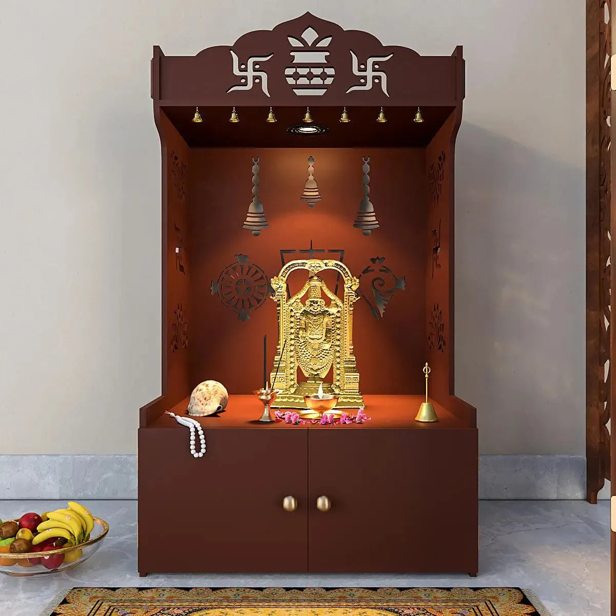 Intricate Detailed Brown Floor Temple with Spacious Shelf & Inbuilt Focus Light – Wooden