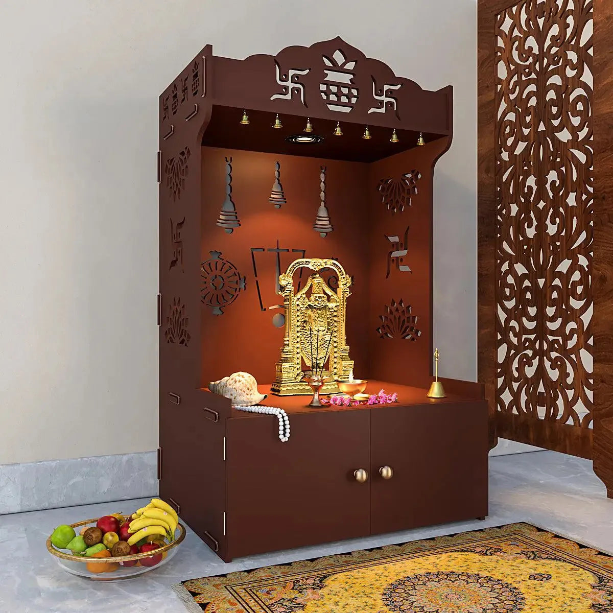 Intricate Detailed Brown Floor Temple with Spacious Shelf & Inbuilt Focus Light – Wooden
