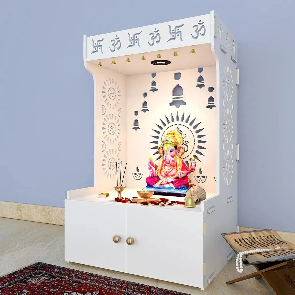 Divine Wooden White Home Temple With Spacious Shelf & Inbuilt Focus Light