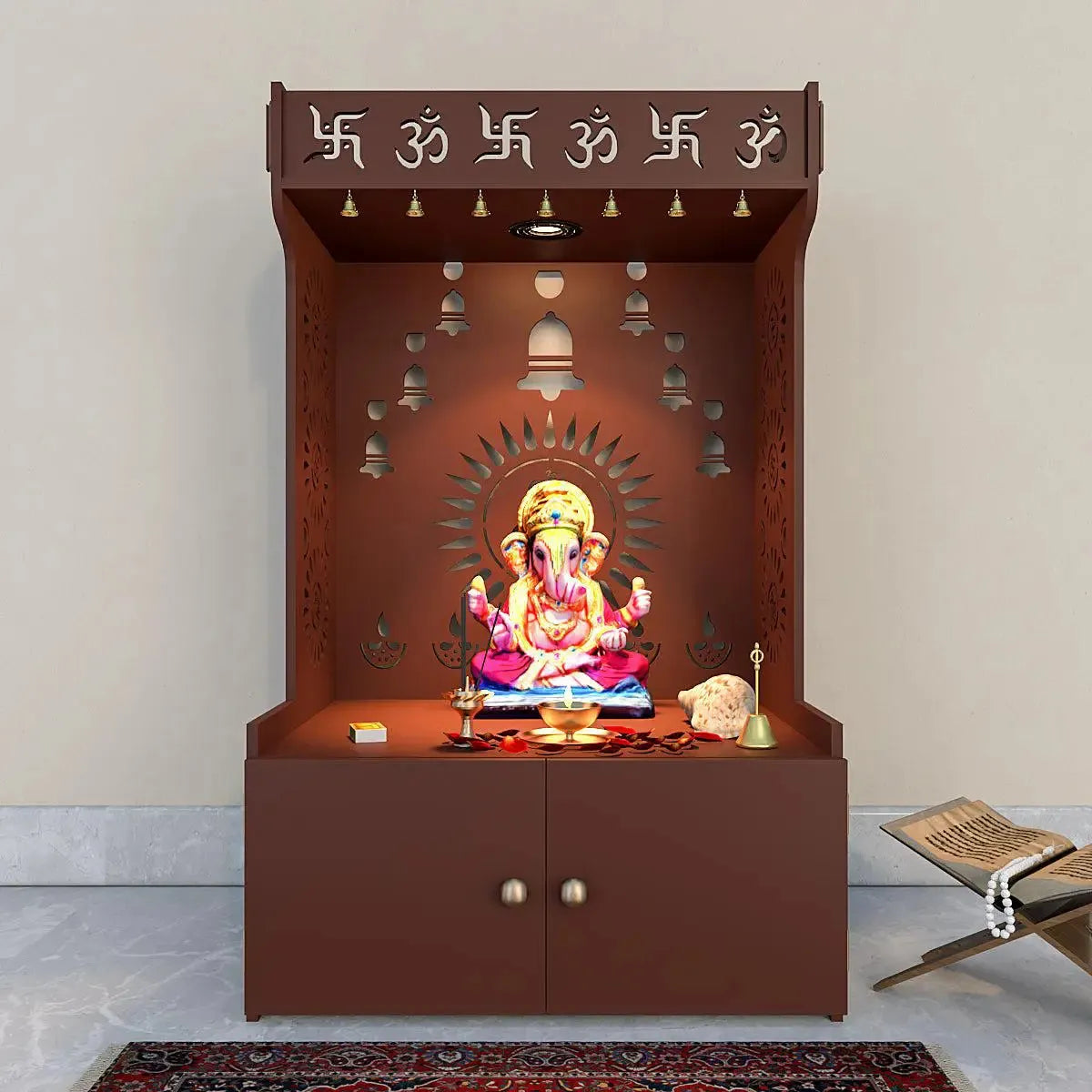 Divine Wooden Brown Home Temple With Spacious Shelf & Inbuilt Focus Light
