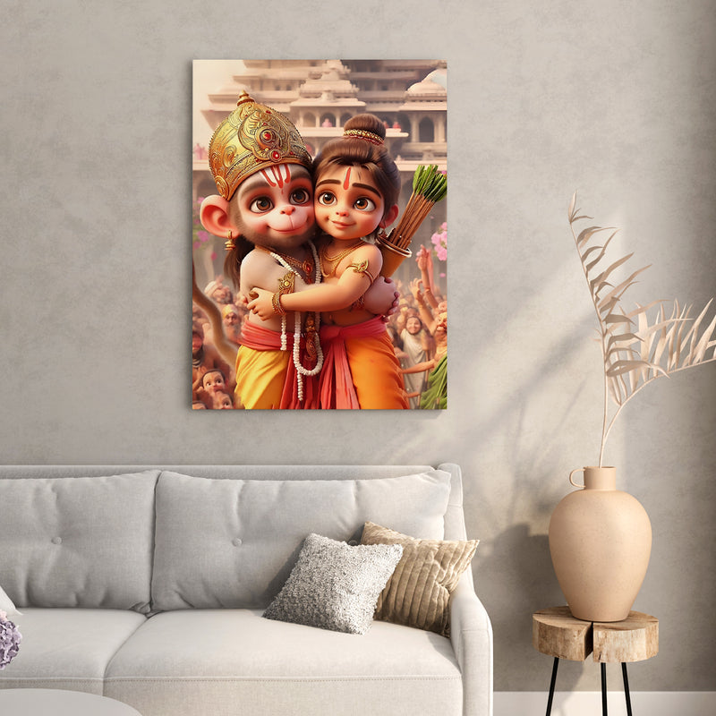 Cute Shree Ram And Hanuman Stretch Canvas Wall Painting