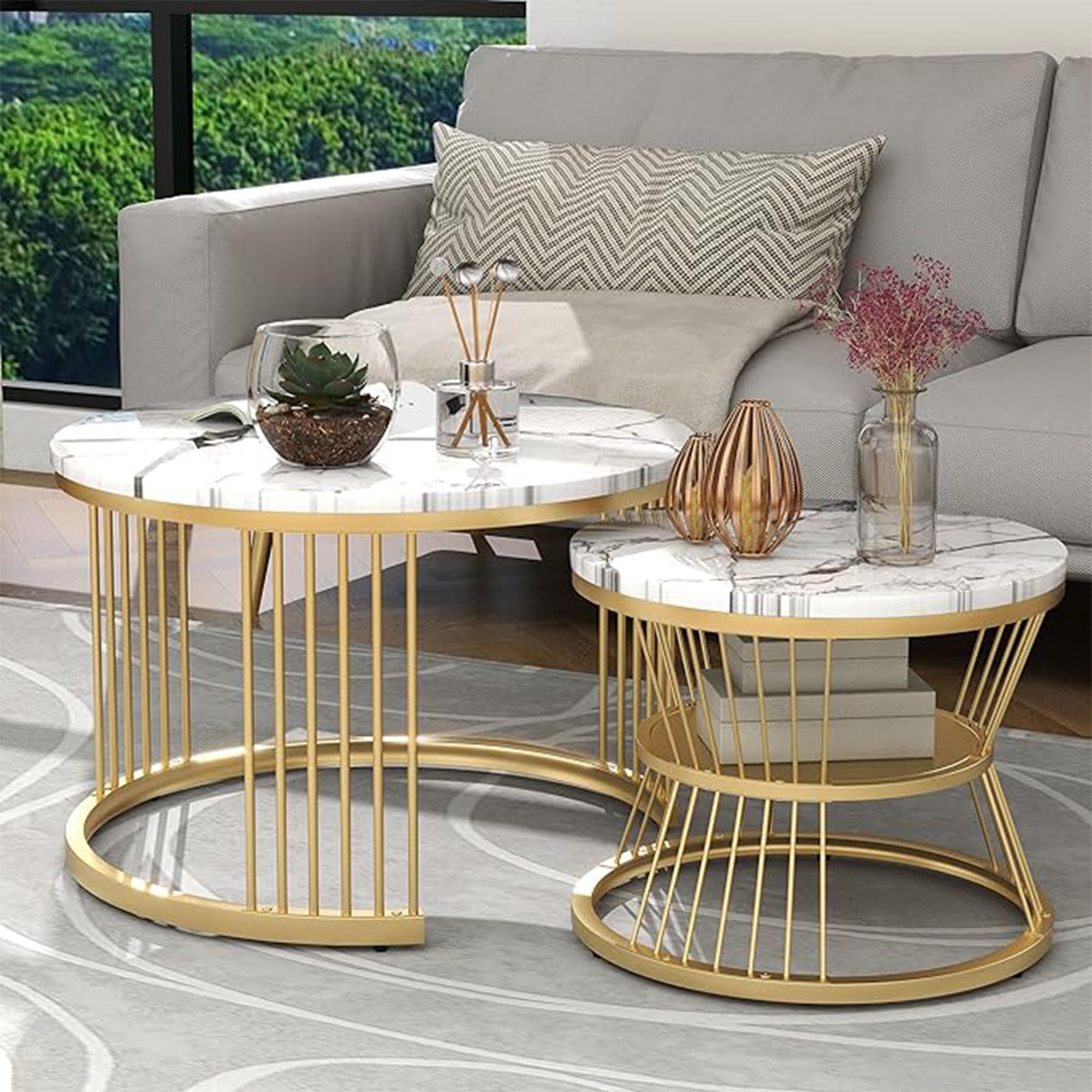 Ornate Round Golden Coffee Table (Set of 2)
